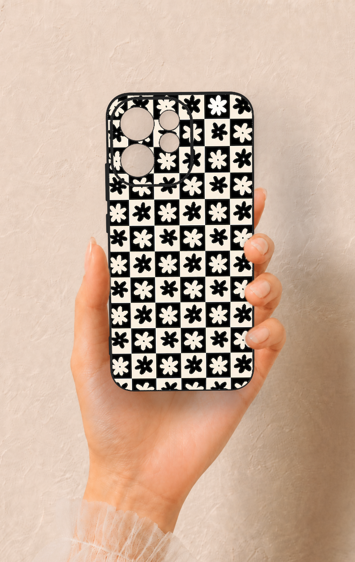 Oppo Reno 15F Uyumlu Çiçek Motifli Dama Desenli Silikon Kılıf