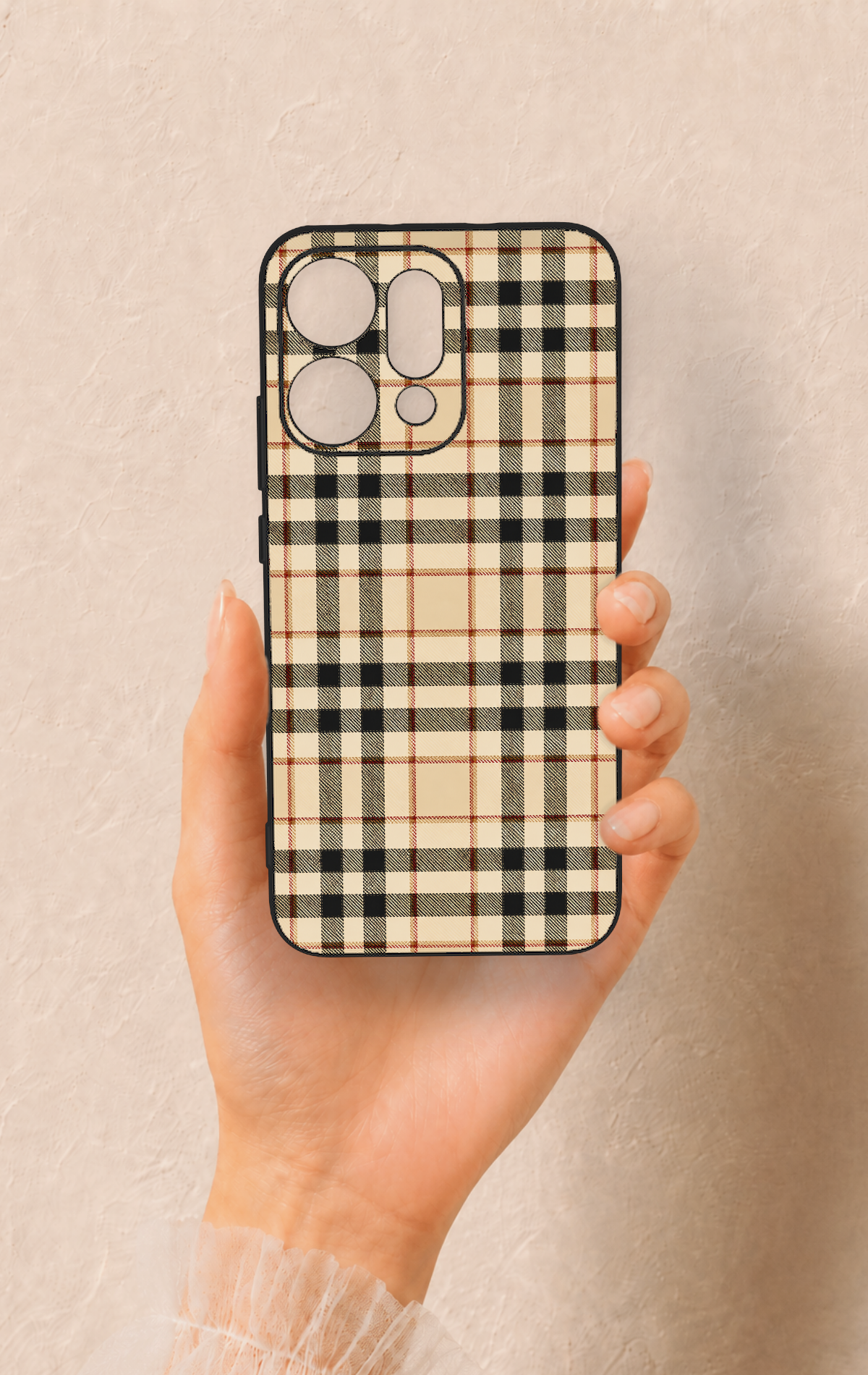 Oppo Reno 14 Uyumlu Karamel Siyah Ekose Desenli Silikon Kılıf
