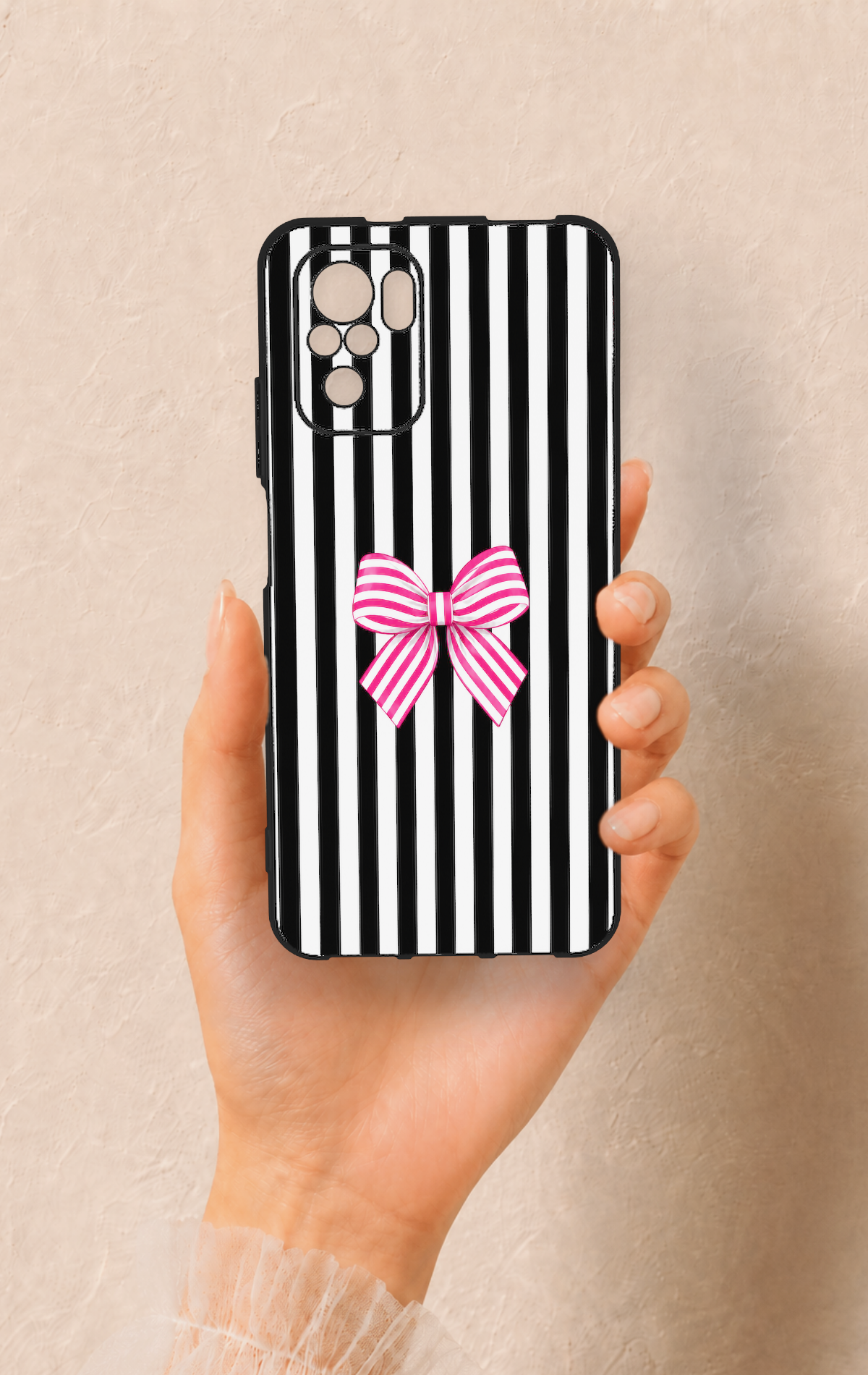 Redmi Note 10-10S Uyumlu Pembe Beyaz Kurdele Desenli Silikon Kılıf