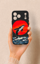 iPhone 17 Pro Max Uyumlu Kırmızı Güneş Balina Desenli Silikon Kılıf