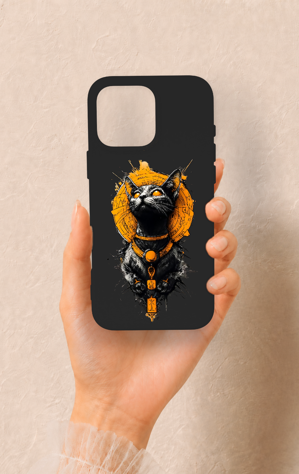 iPhone 16 Pro Max Uyumlu Mısırlı Kedi Tanrısı Desenli Silikon Kılıf