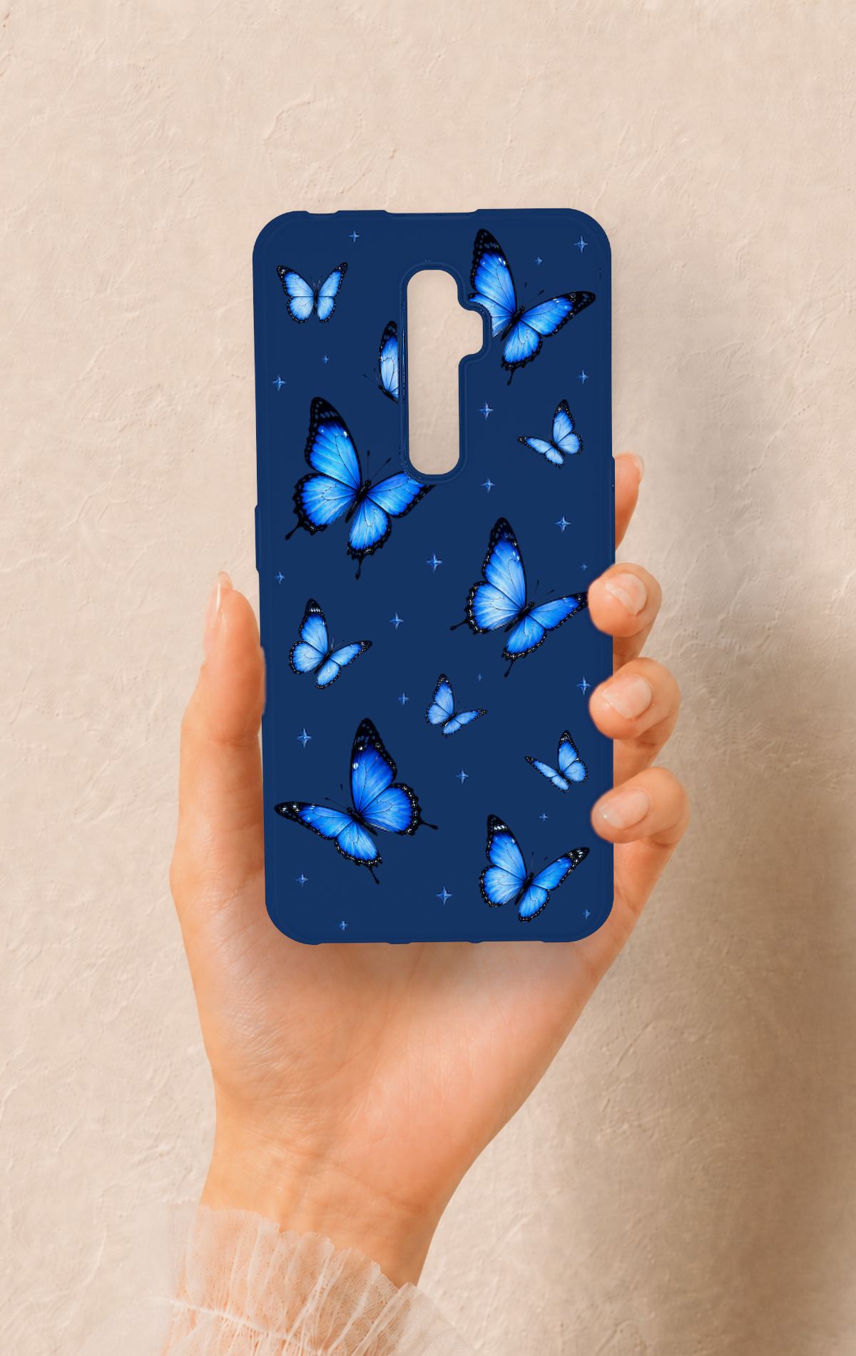 Oppo Reno 2Z Uyumlu Parlak Mavi Kelebek Desenli Silikon Kılıf