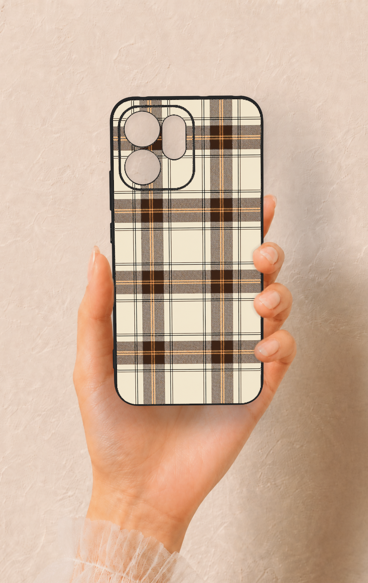 Oppo Reno 14F Uyumlu Bej Kahverengi Ekose Desenli Silikon Kılıf