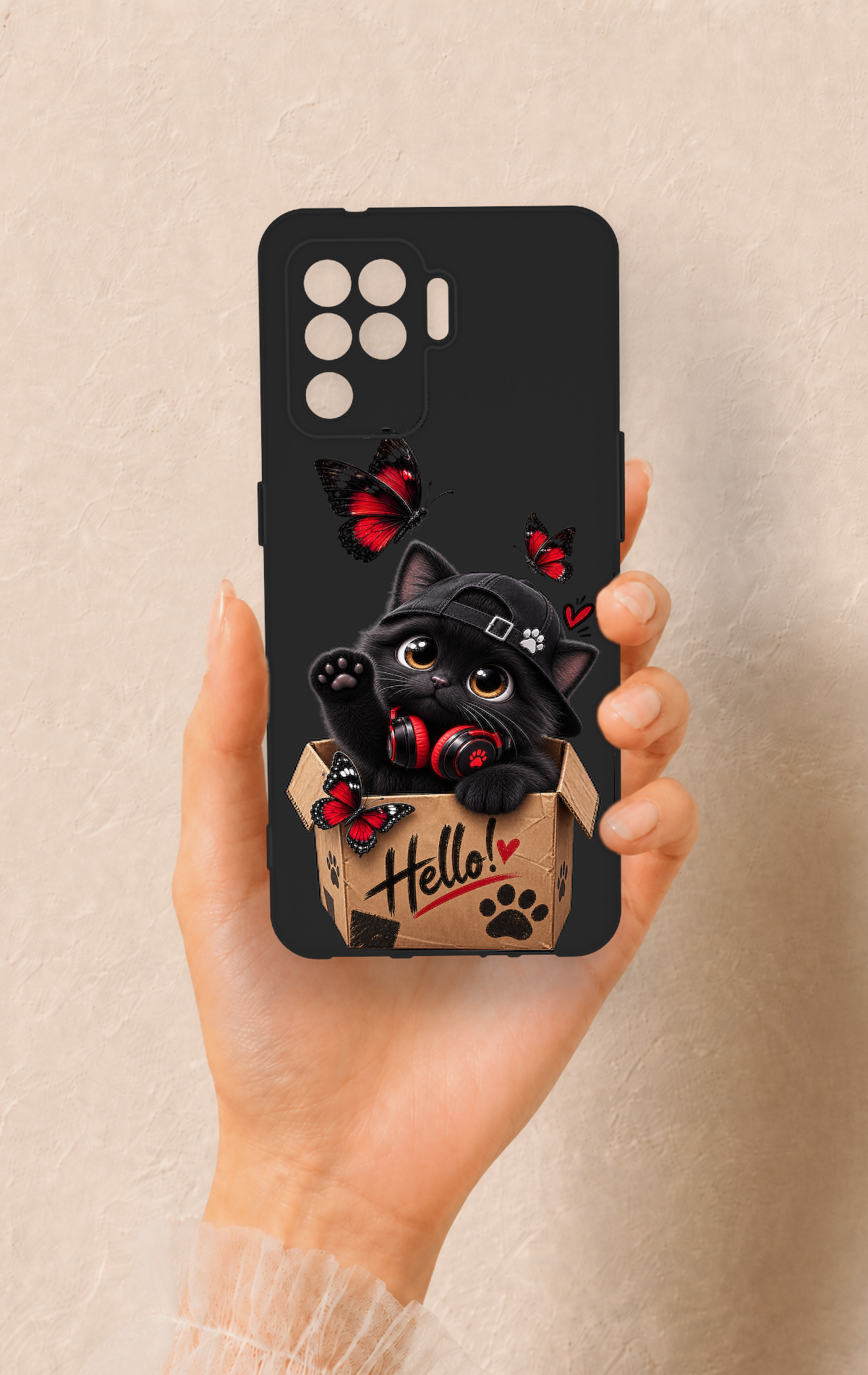 Oppo Reno 5 Lite Uyumlu Hello Cat Desenli Silikon Kılıf