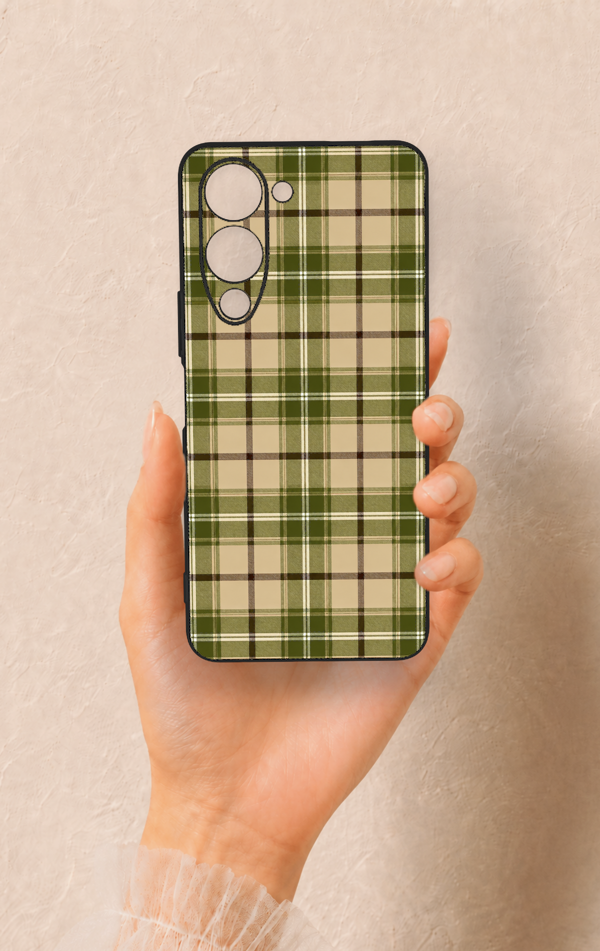 Vivo Y19 5G Uyumlu Zeytin Yeşili Ekose Desenli Silikon Kılıf