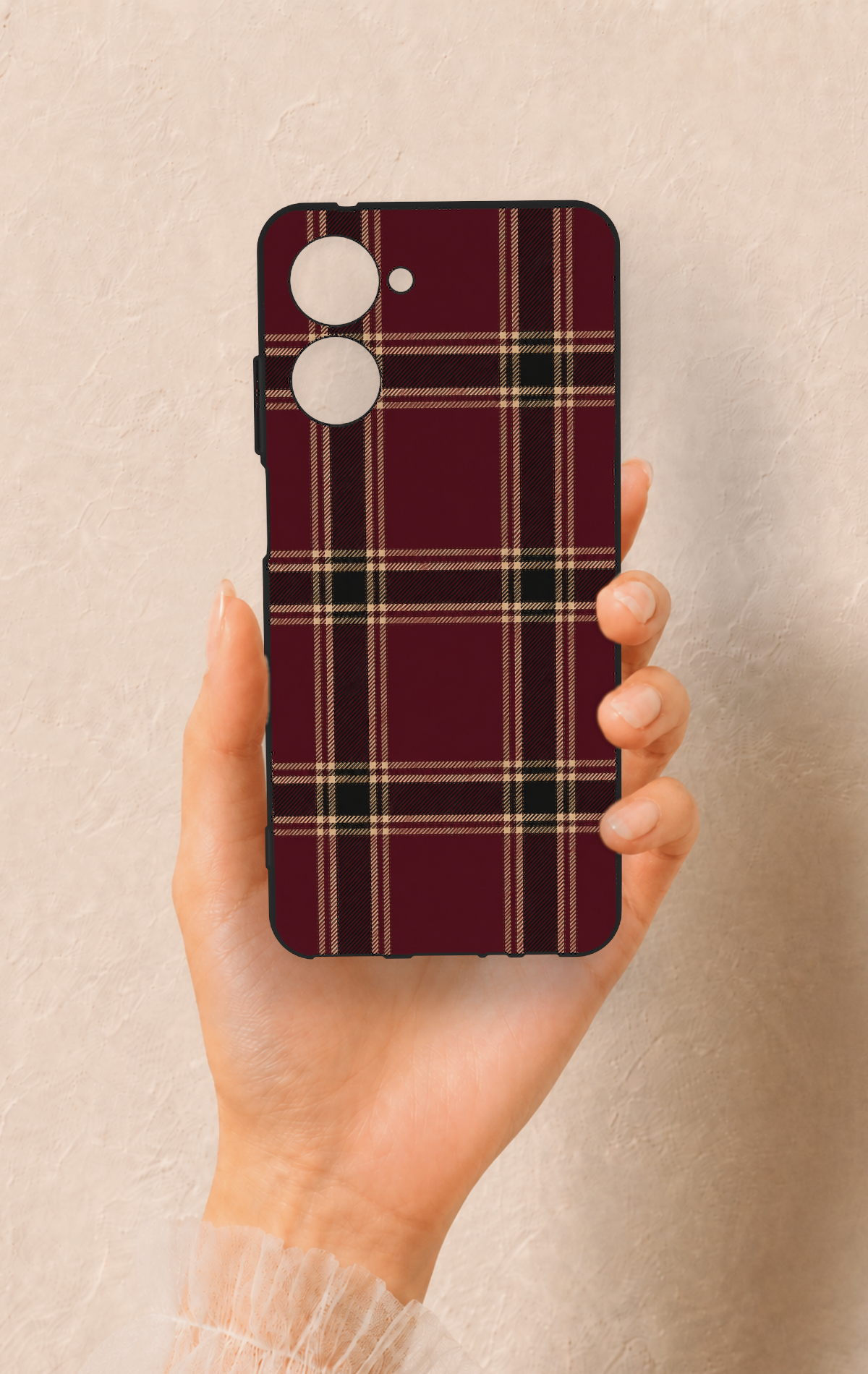 Realme 10 Uyumlu Bordo Siyah Ekose Desenli Silikon Kılıf