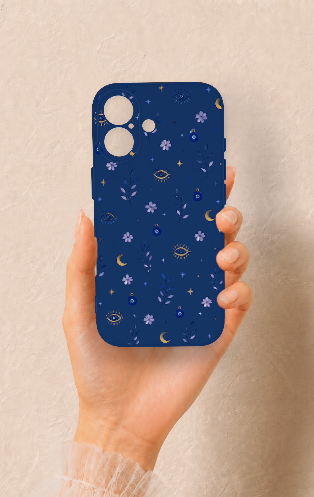 iPhone 17 Uyumlu Mavi Nazar Papatya Desenli Silikon Kılıf