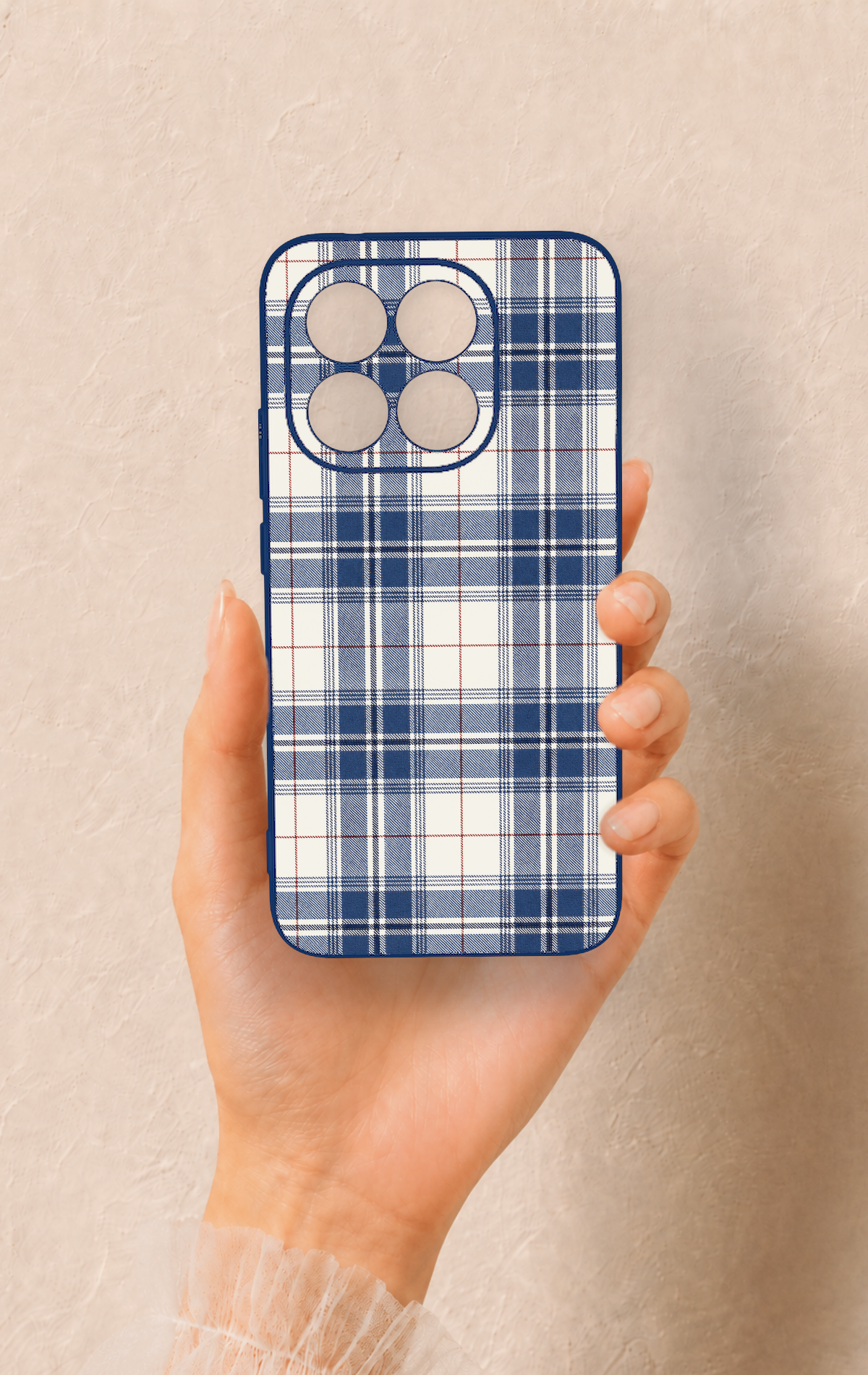 Mi 15T 5G Uyumlu Bej Lacivert Ekose Desenli Silikon Kılıf