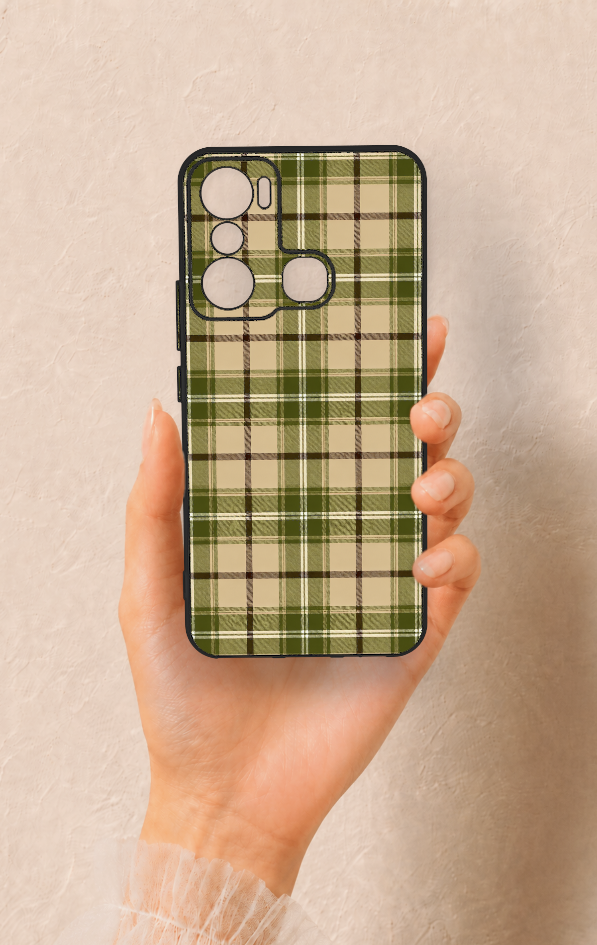 İnfinix Hot 20i Uyumlu Zeytin Yeşili Ekose Desenli Silikon Kılıf