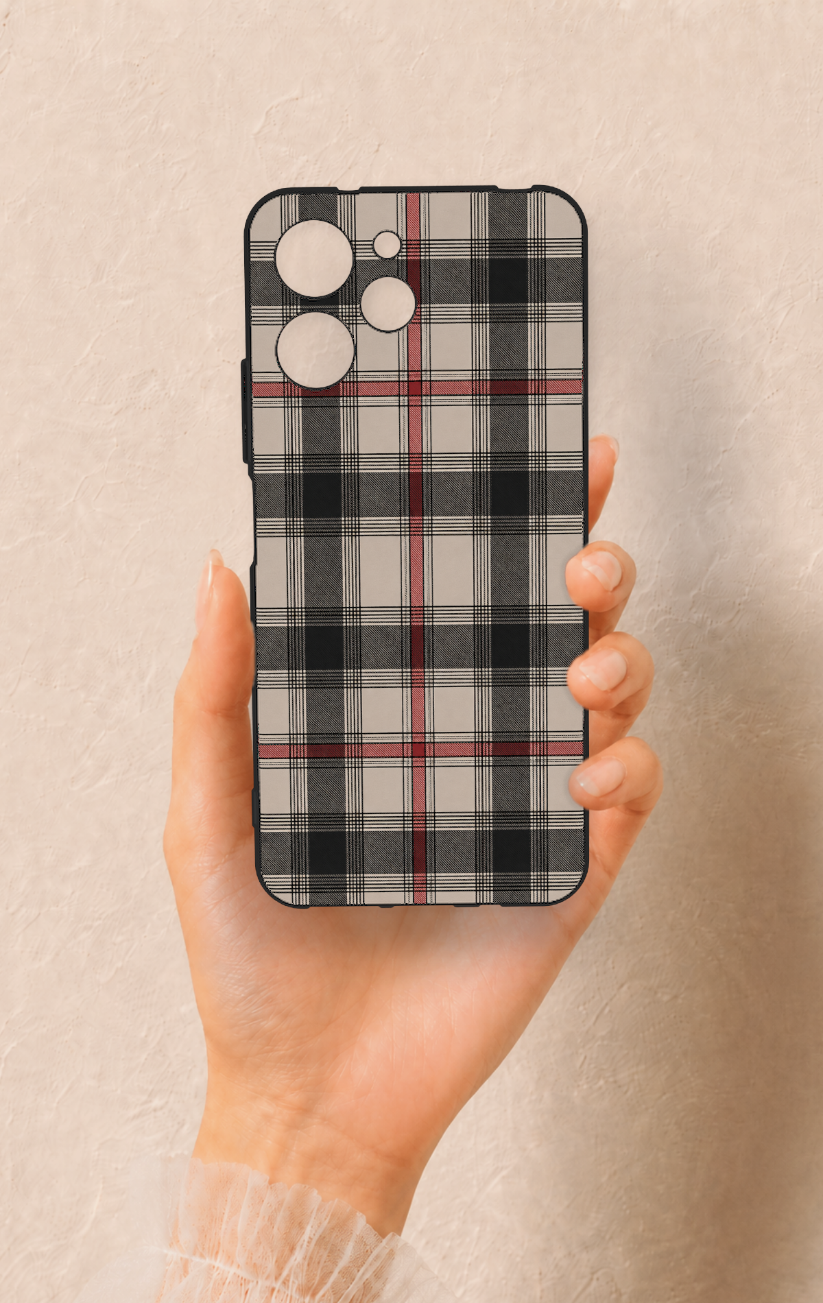 Redmi 12 Uyumlu Siyah Kırmızı Ekose Desenli Silikon Kılıf