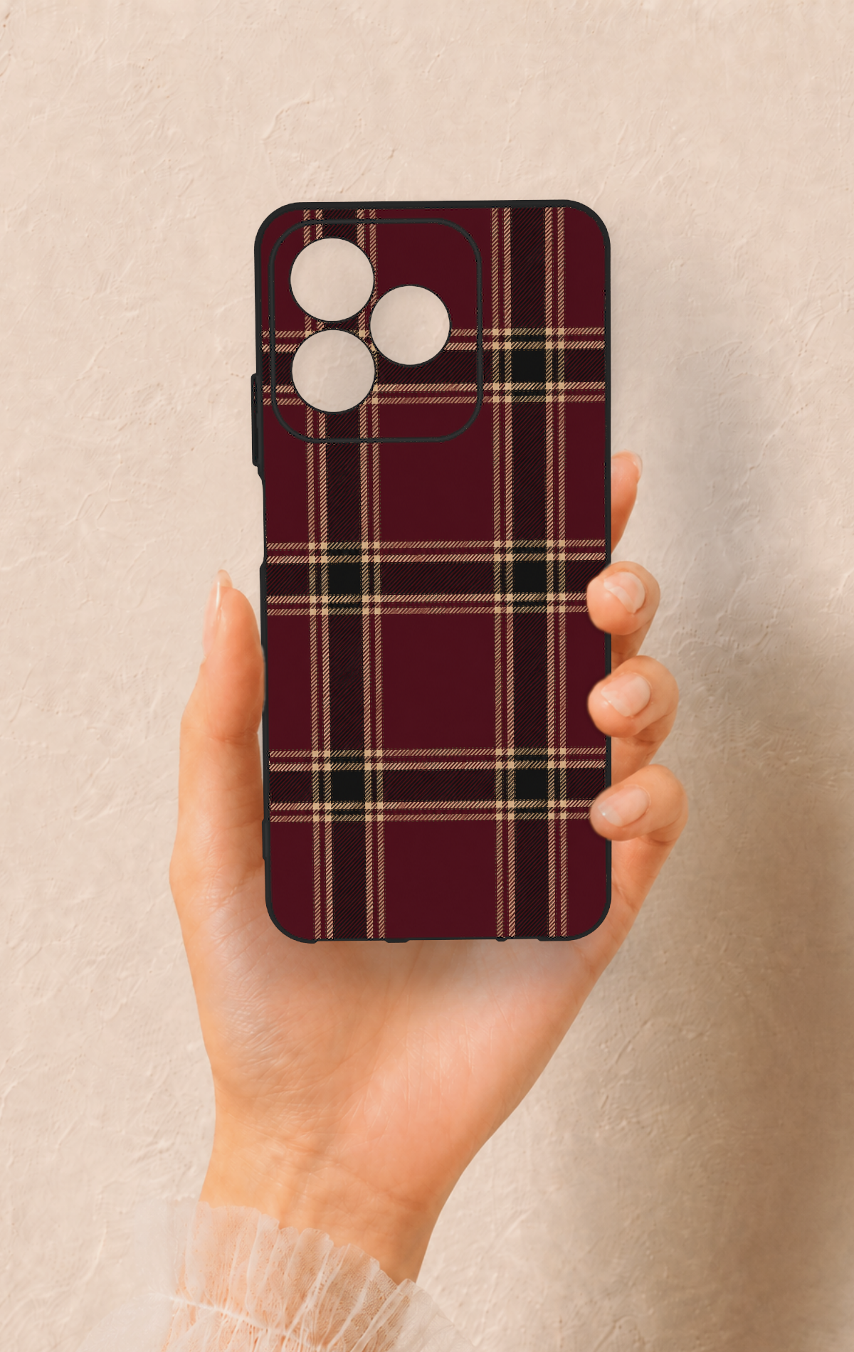Realme C53 Uyumlu Bordo Siyah Ekose Desenli Silikon Kılıf