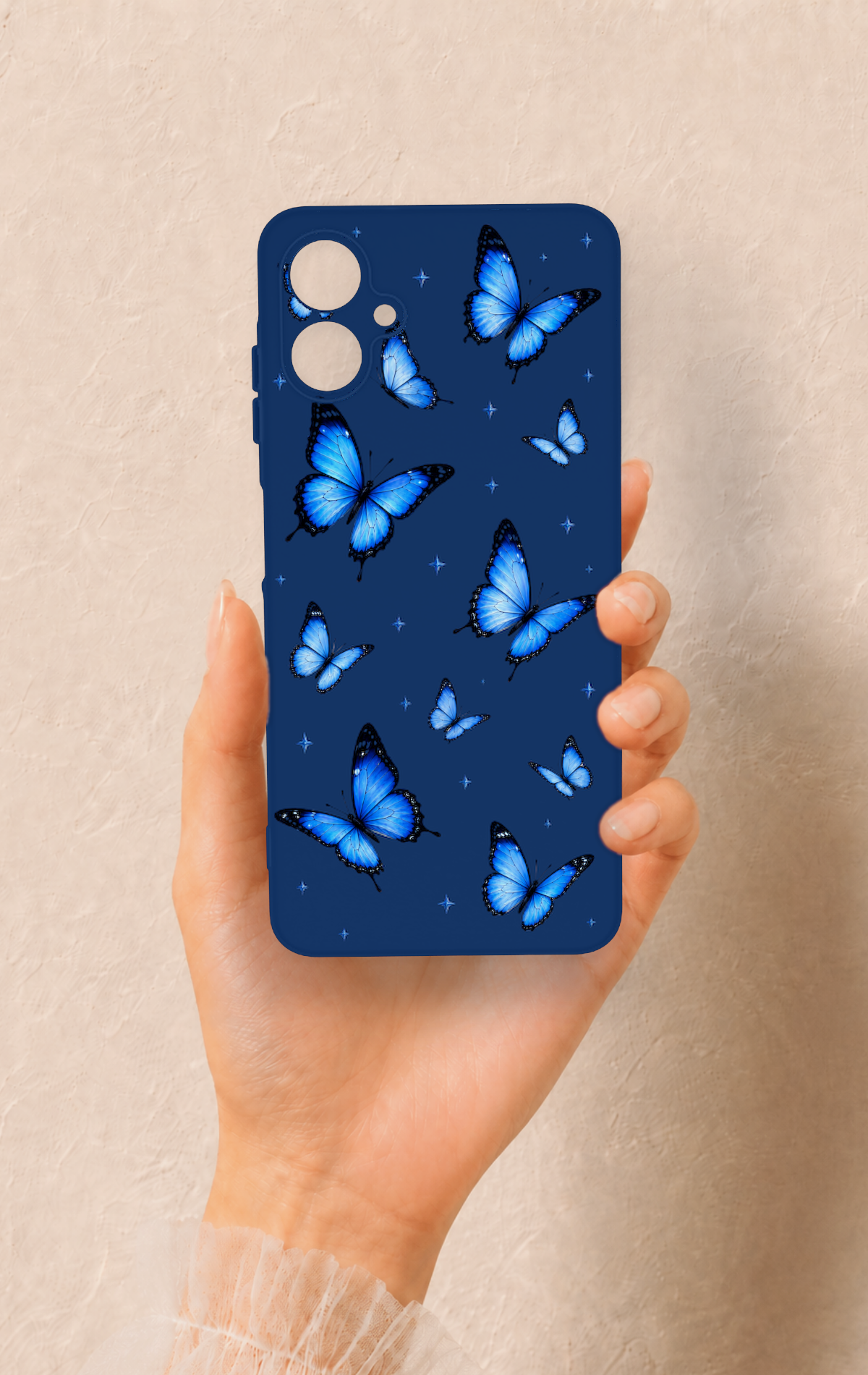 Samsung A06 Uyumlu Parlak Mavi Kelebek Desenli Silikon Kılıf