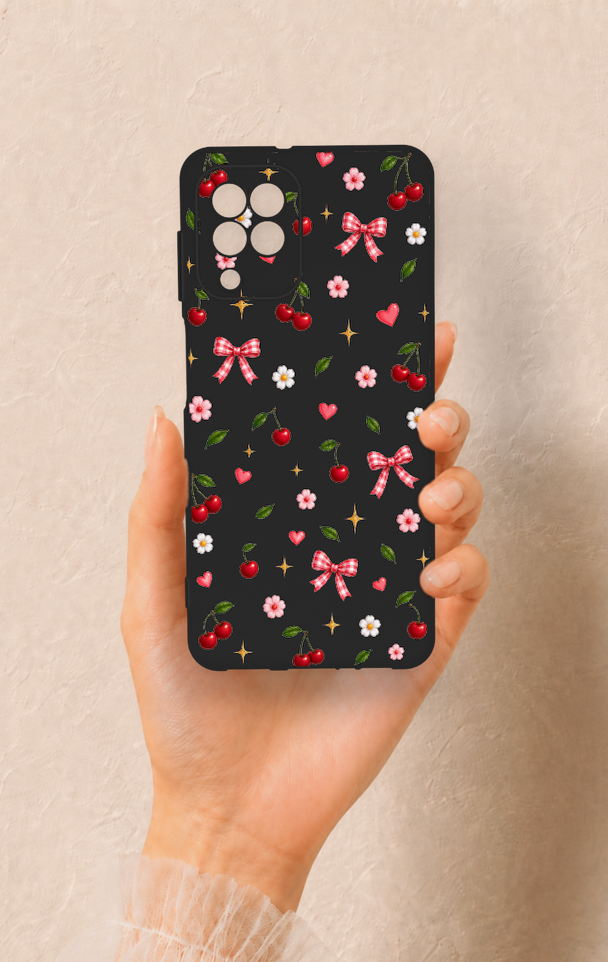 Samsung A22 Uyumlu Papatya Kiraz Fiyonk Desenli Silikon Kılıf
