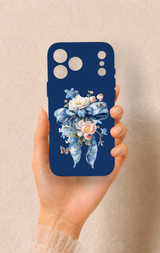 iPhone 17 Pro Max Uyumlu Mavi Kurdeleli Çiçek Desenli Silikon Kılıf
