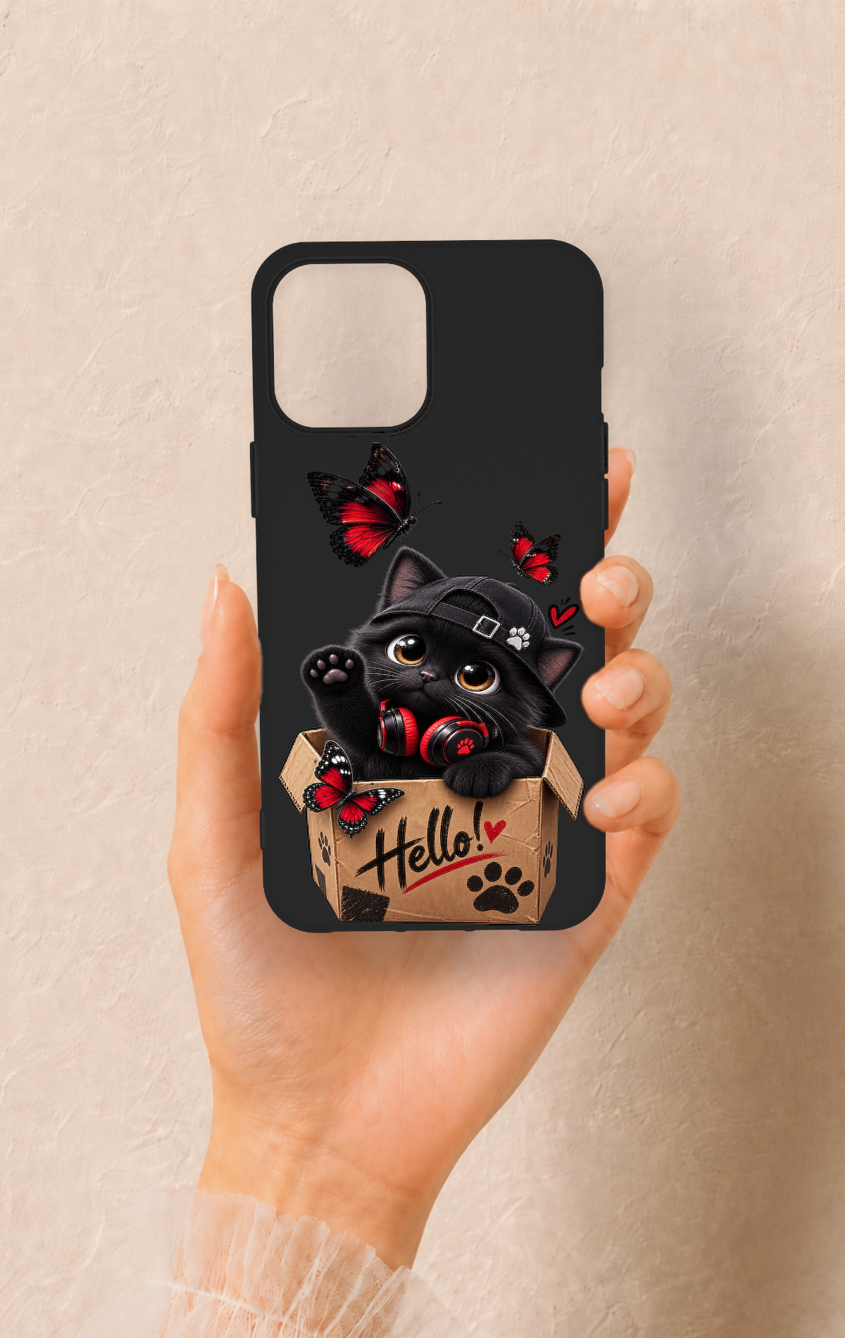 iPhone 12 Pro Max Uyumlu Hello Cat Desenli Silikon Kılıf