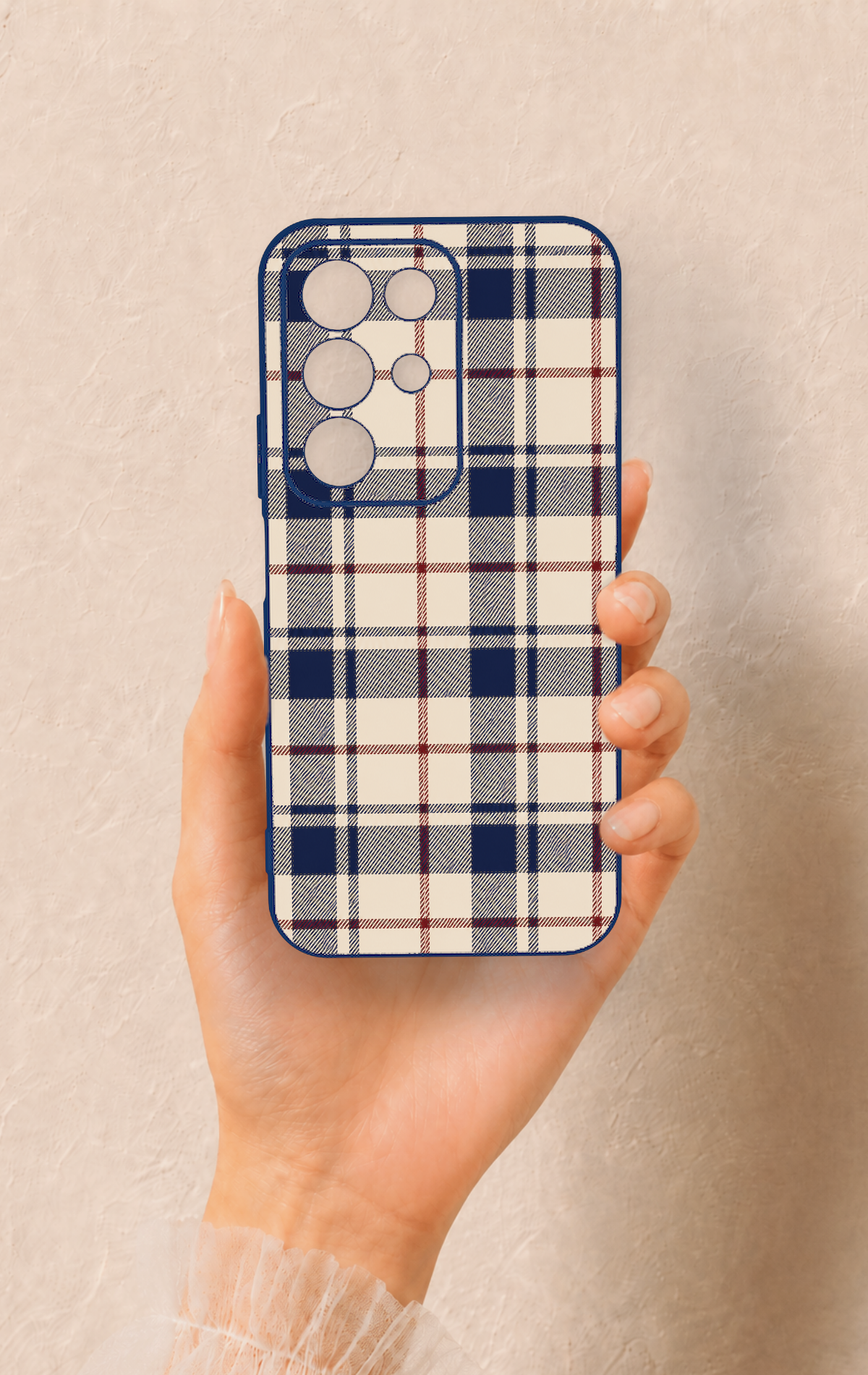 Realme C85 5G Uyumlu Mavi Bordo Çizgili Ekose Desenli Silikon Kılıf