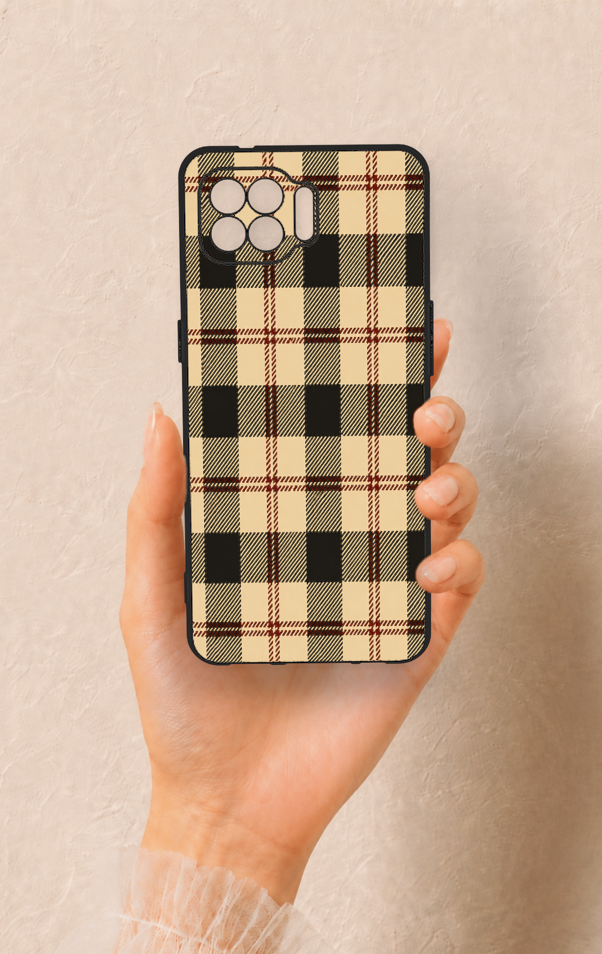 Oppo Reno 4 Lite Uyumlu Krem Ekose Desenli Silikon Kılıf