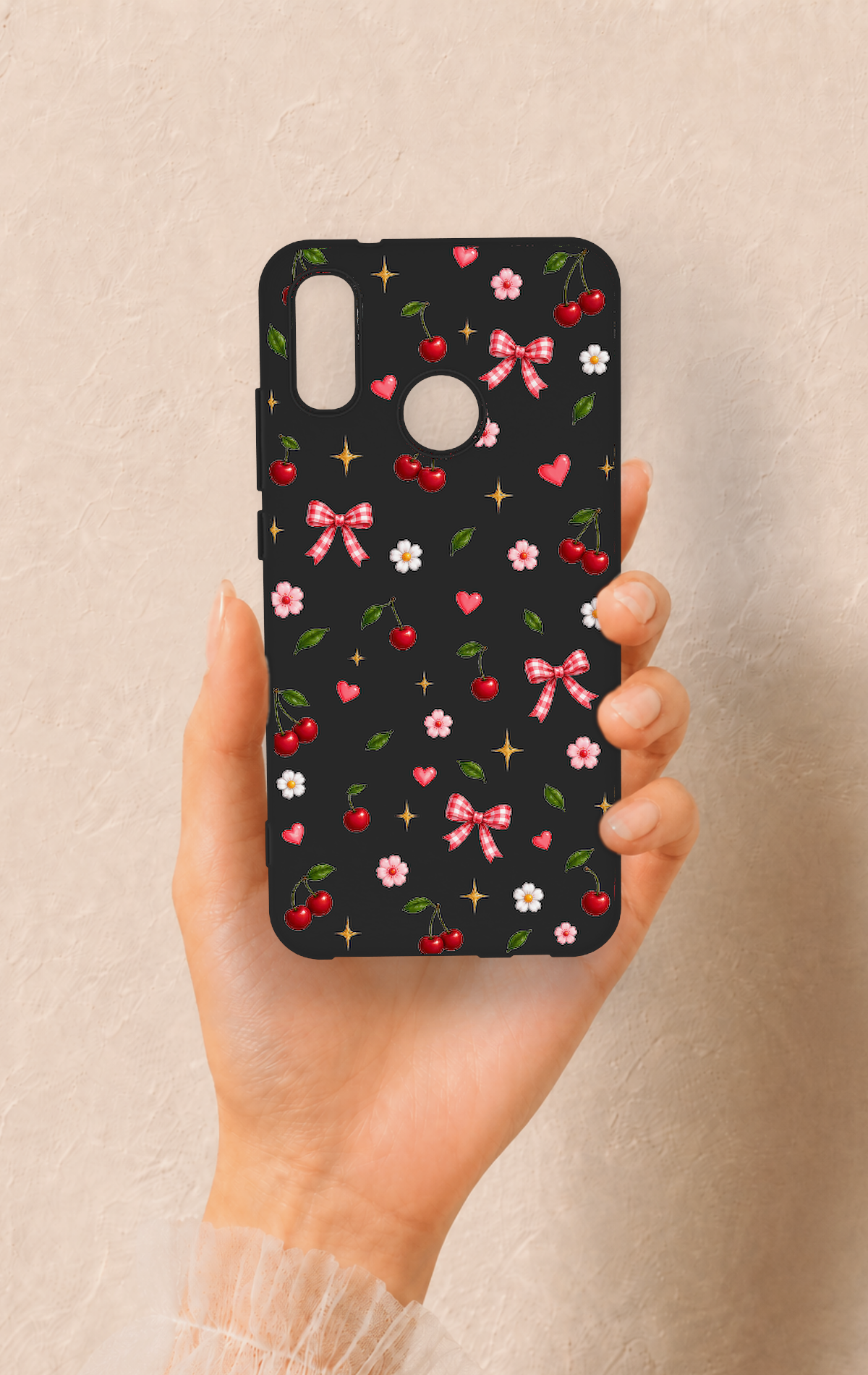 Huawei P20 Lite Uyumlu Papatya Kiraz Fiyonk Desenli Silikon Kılıf