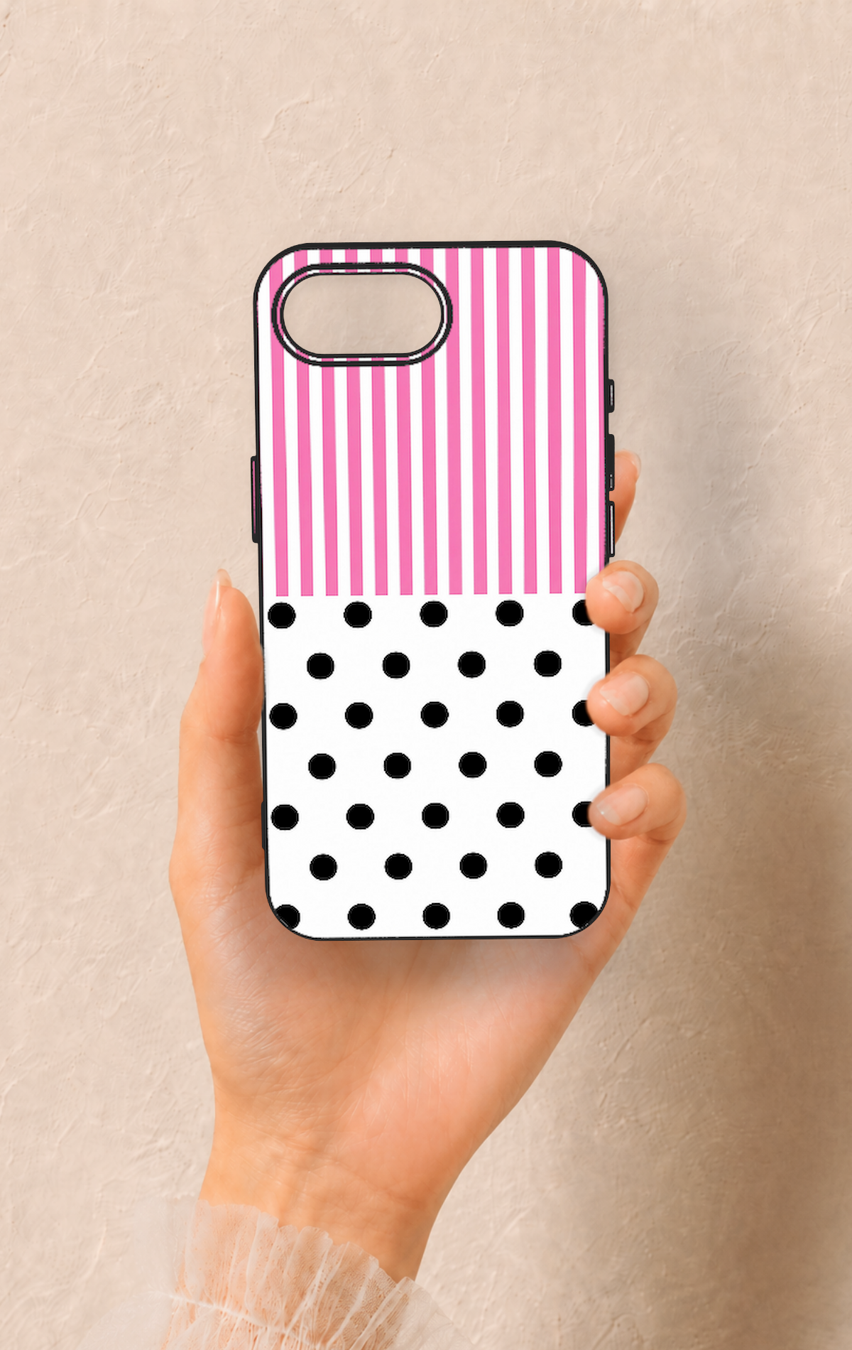 iPhone 16E Uyumlu Pembe Çizgili Puantiye Desenli Silikon Kılıf