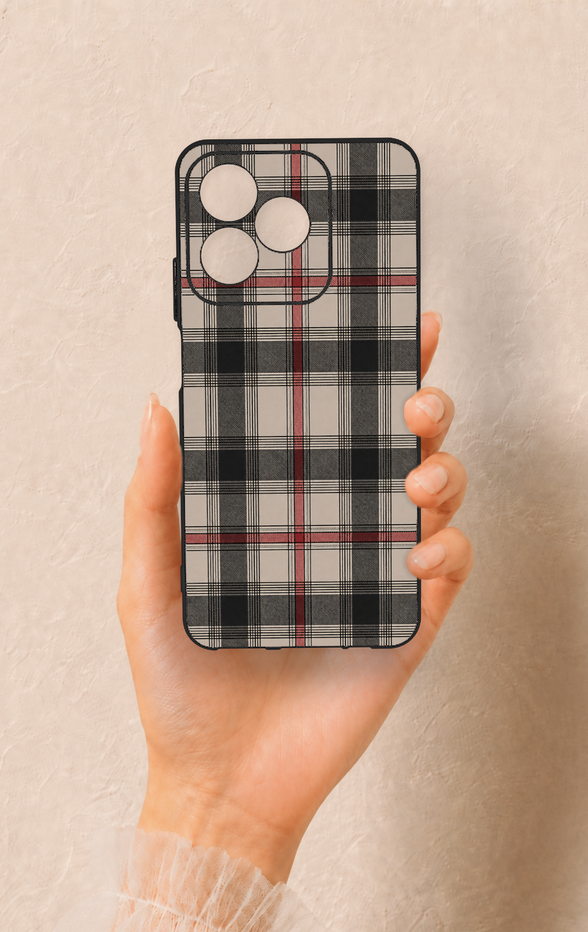 Realme C53 Uyumlu Siyah Kırmızı Ekose Desenli Silikon Kılıf