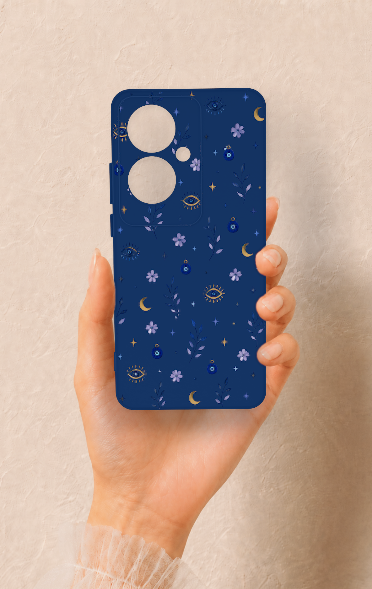 Oppo Reno 11F Uyumlu Mavi Nazar Papatya Desenli Silikon Kılıf