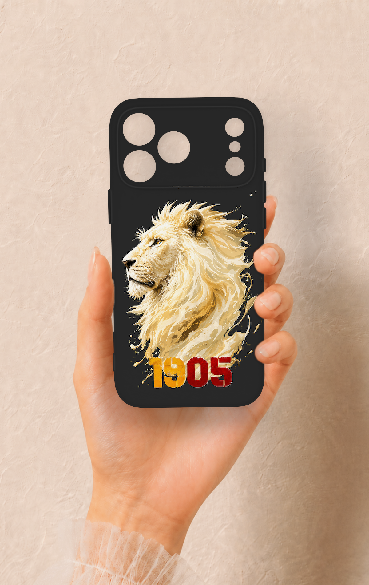 iPhone 17 Pro Max Uyumlu Sarı Kırmızı 1905 Aslan Desenli Silikon Kılıf