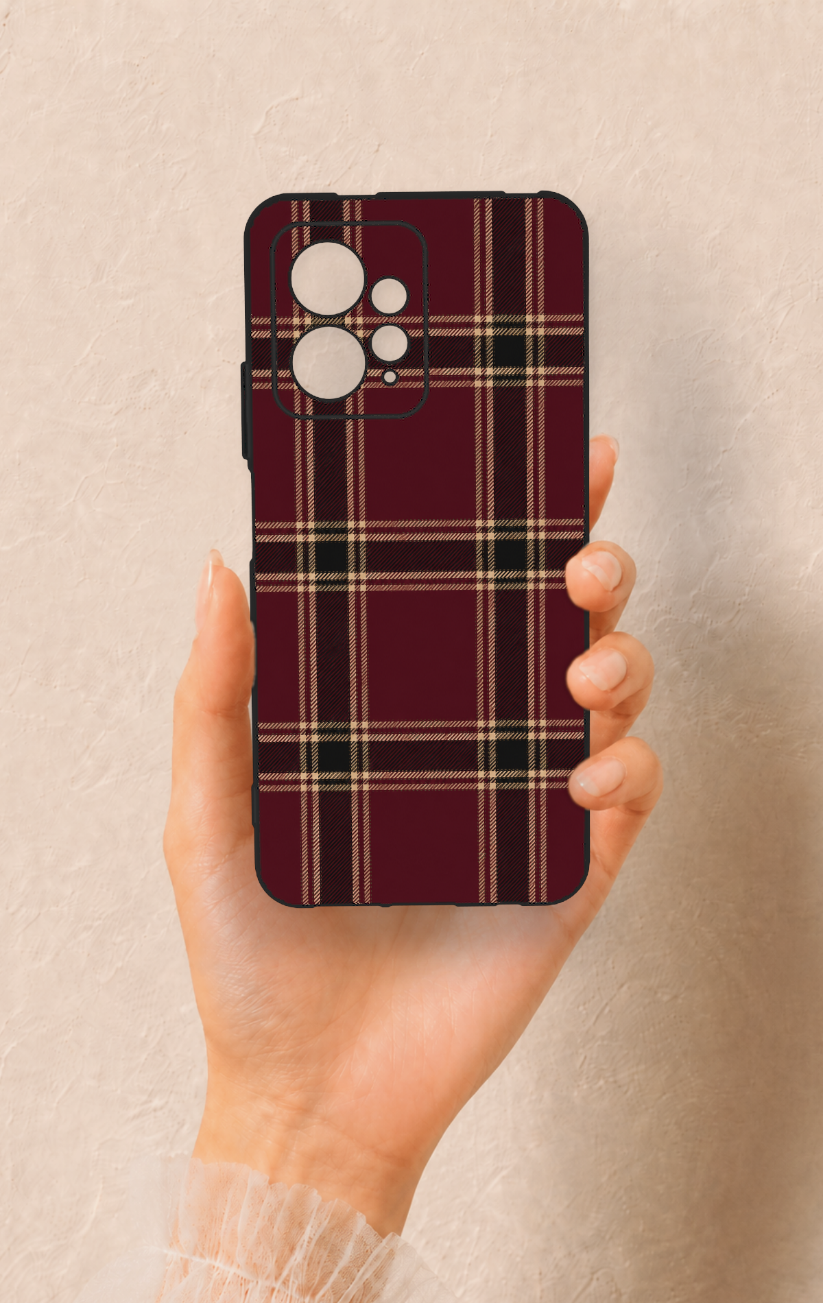 Redmi Note 12 4G Uyumlu Bordo Siyah Ekose Desenli Silikon Kılıf