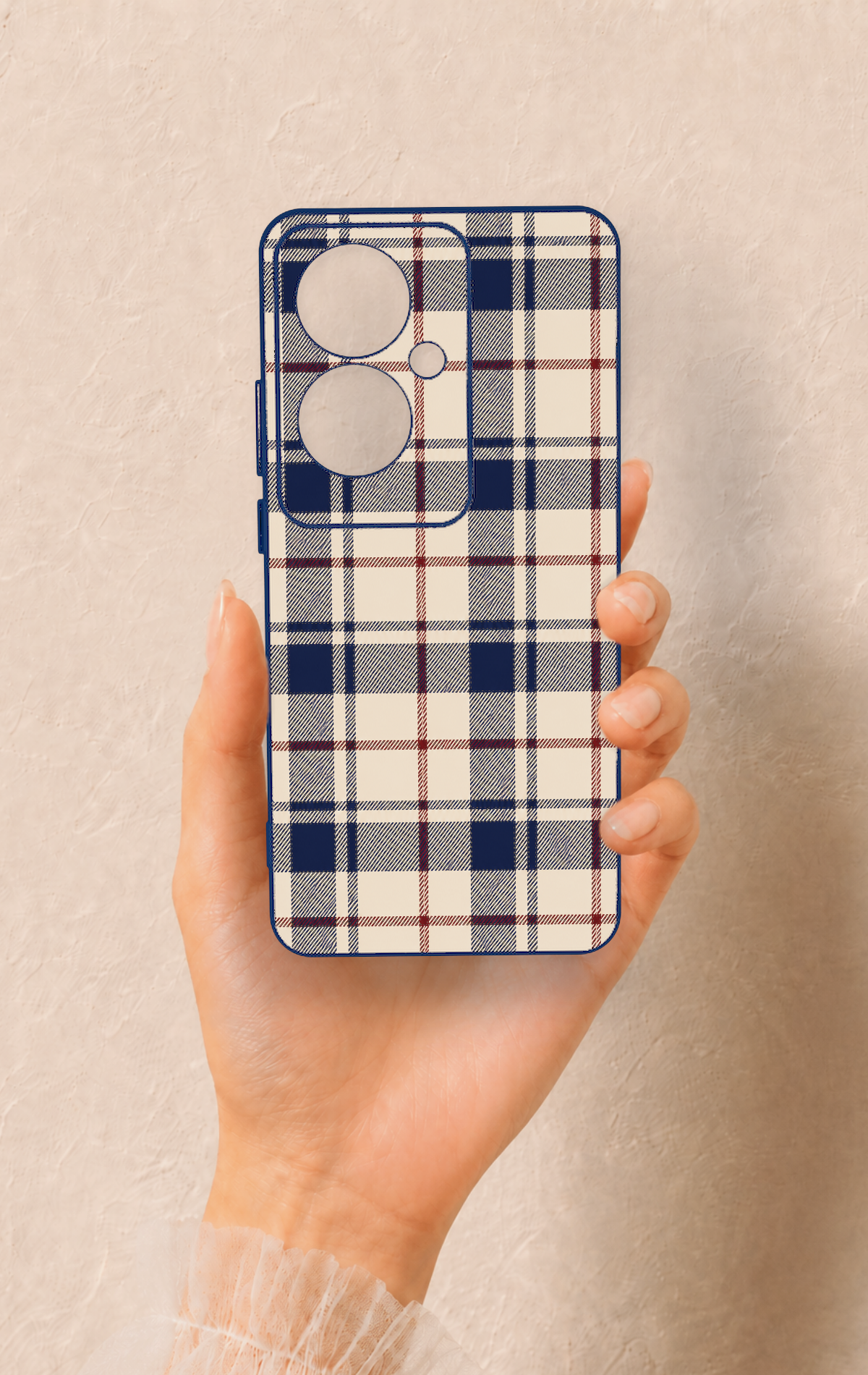Oppo Reno 11F Uyumlu Mavi Bordo Çizgili Ekose Desenli Silikon Kılıf