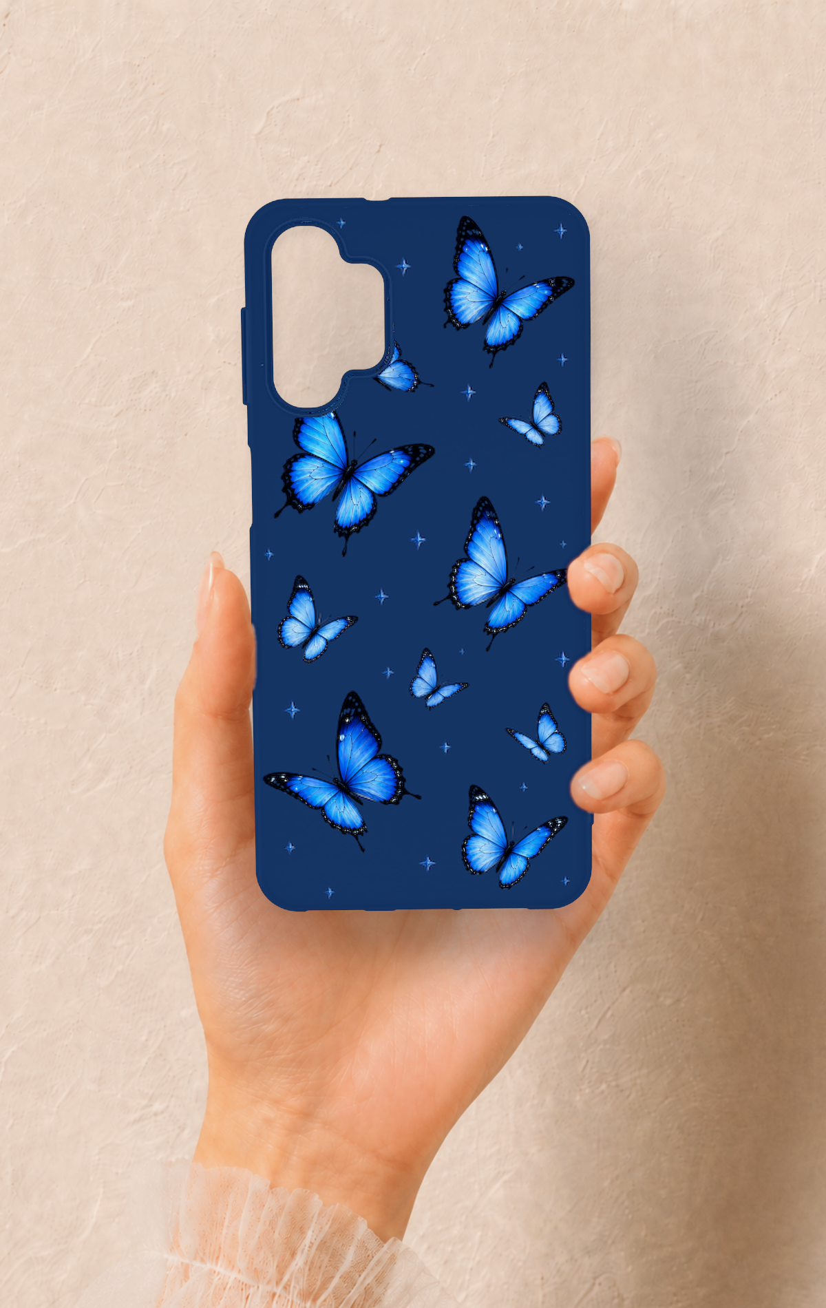 Samsung A32 Uyumlu Parlak Mavi Kelebek Desenli Silikon Kılıf