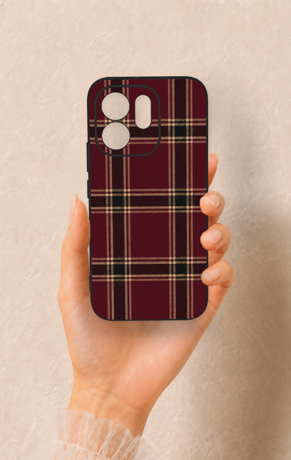 Vivo V70 5G Uyumlu Bordo Siyah Ekose Desenli Silikon Kılıf