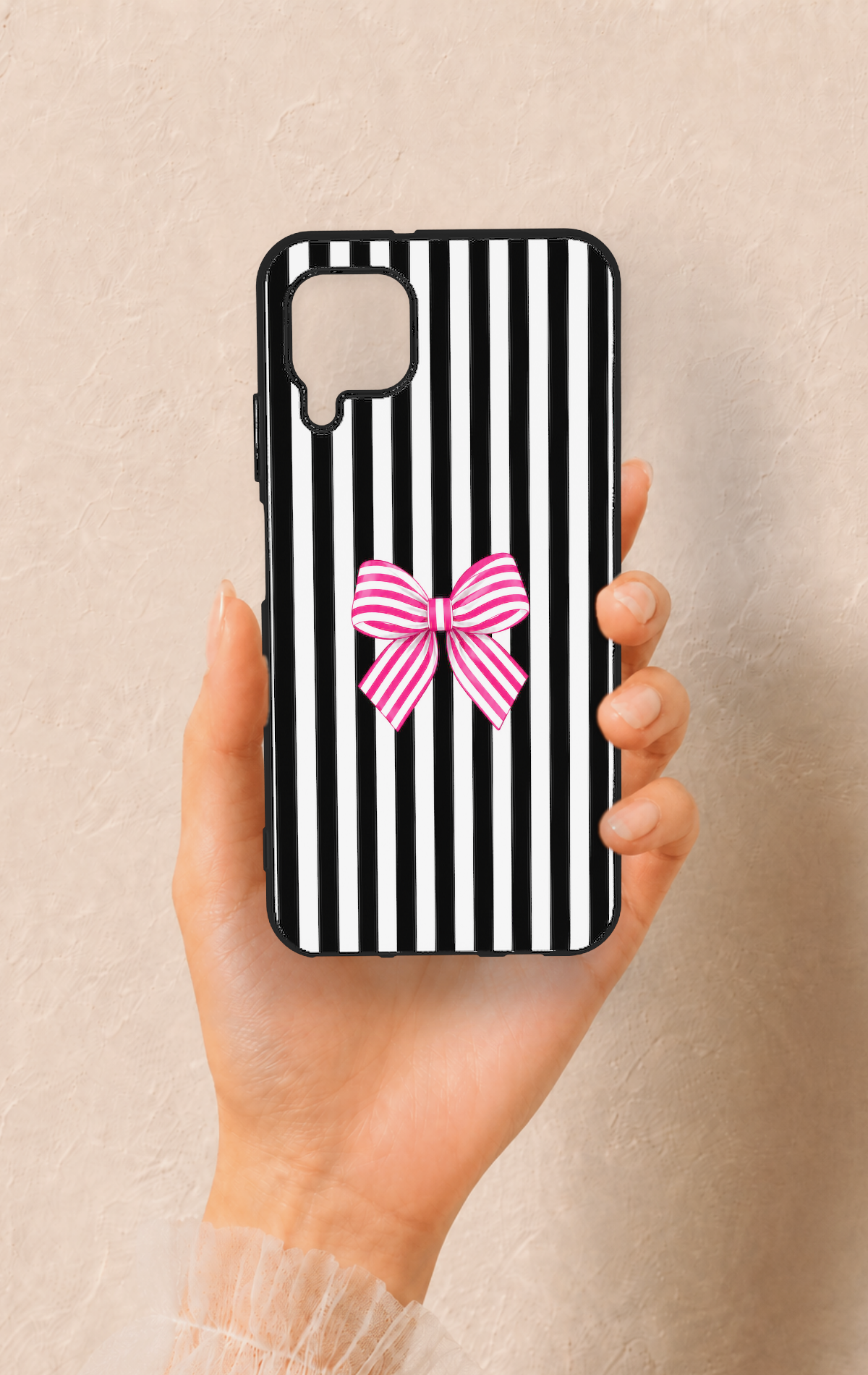 Huawei P40 Lite Uyumlu Pembe Beyaz Kurdele Desenli Silikon Kılıf