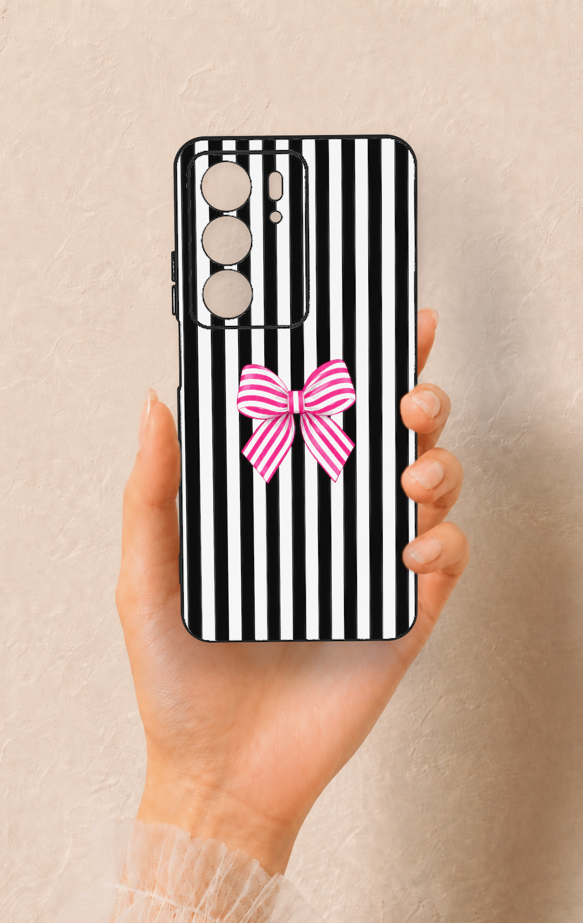 Realme C75 Uyumlu Pembe Beyaz Kurdele Desenli Silikon Kılıf