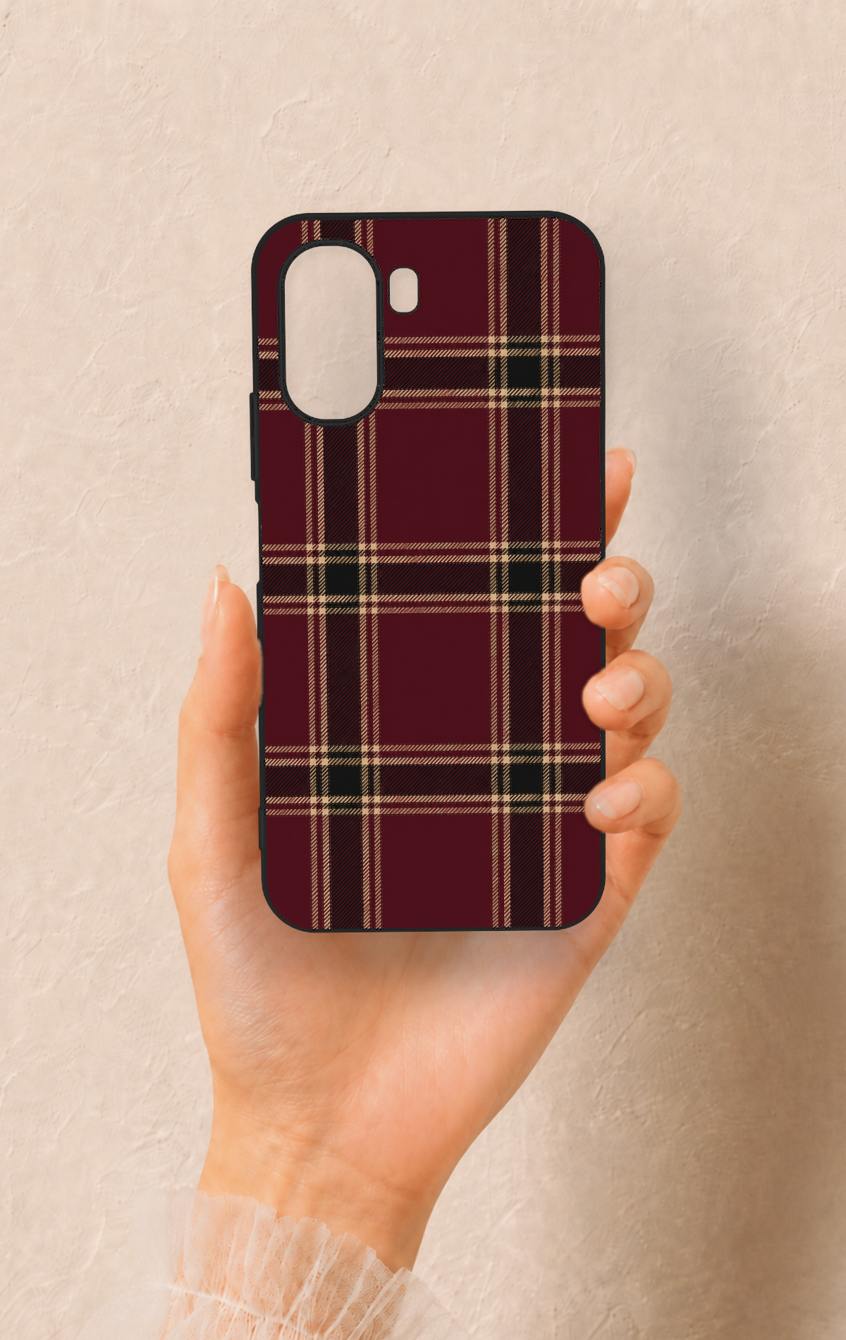 Oppo A6T Uyumlu Bordo Siyah Ekose Desenli Silikon Kılıf