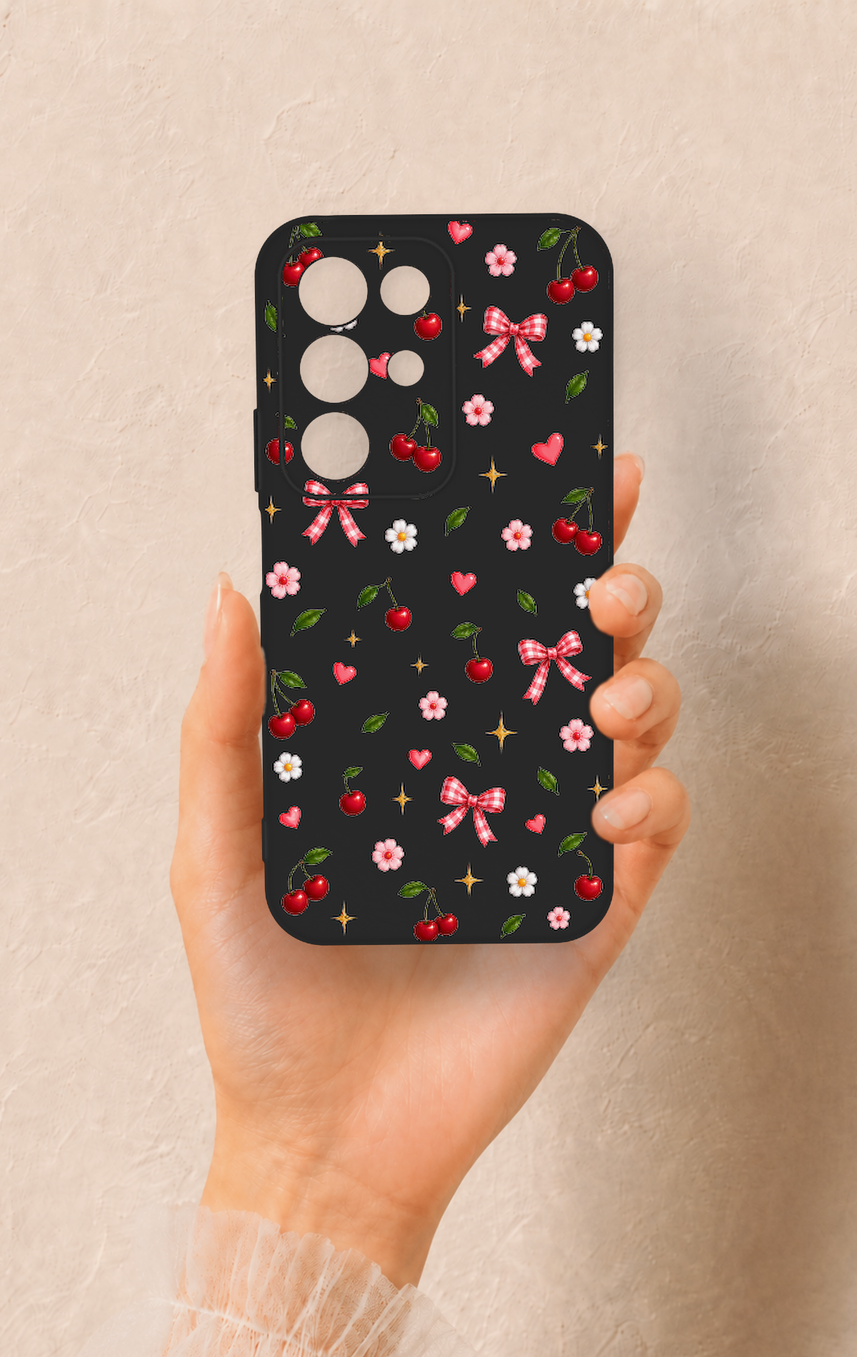 Realme C85 5G Uyumlu Papatya Kiraz Fiyonk Desenli Silikon Kılıf