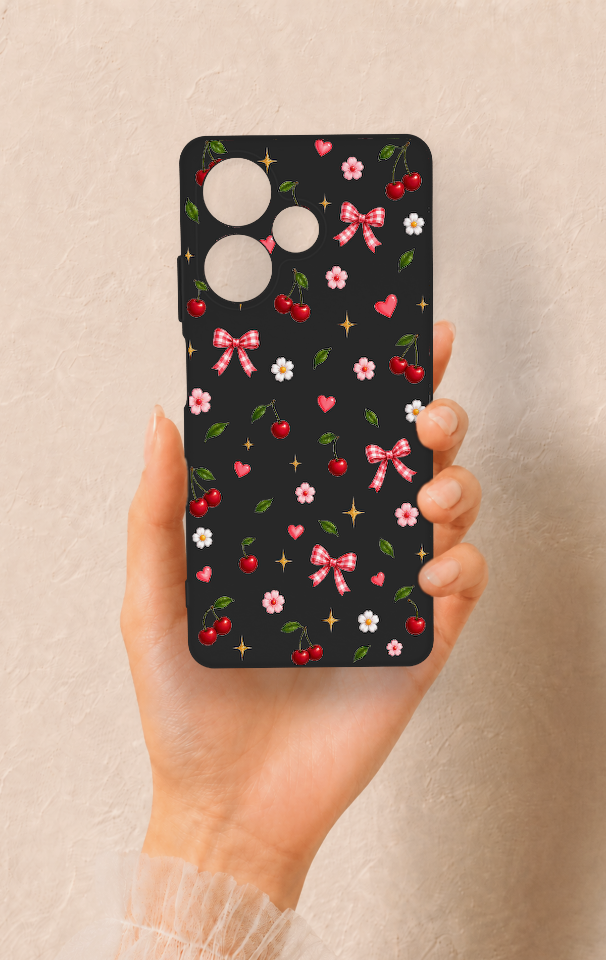 İnfinix Hot 30 Uyumlu Papatya Kiraz Fiyonk Desenli Silikon Kılıf