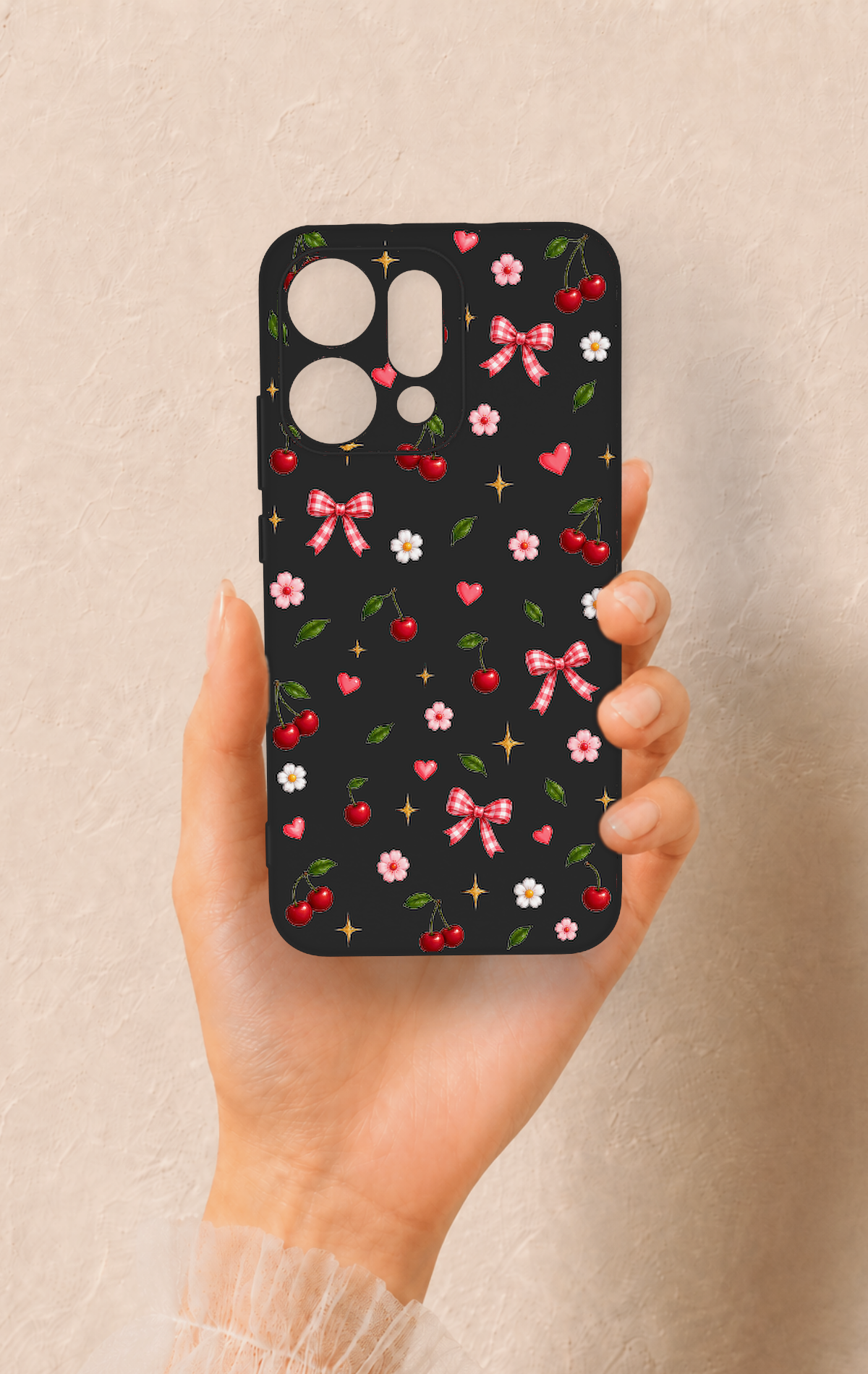 Oppo Reno 14 Uyumlu Papatya Kiraz Fiyonk Desenli Silikon Kılıf