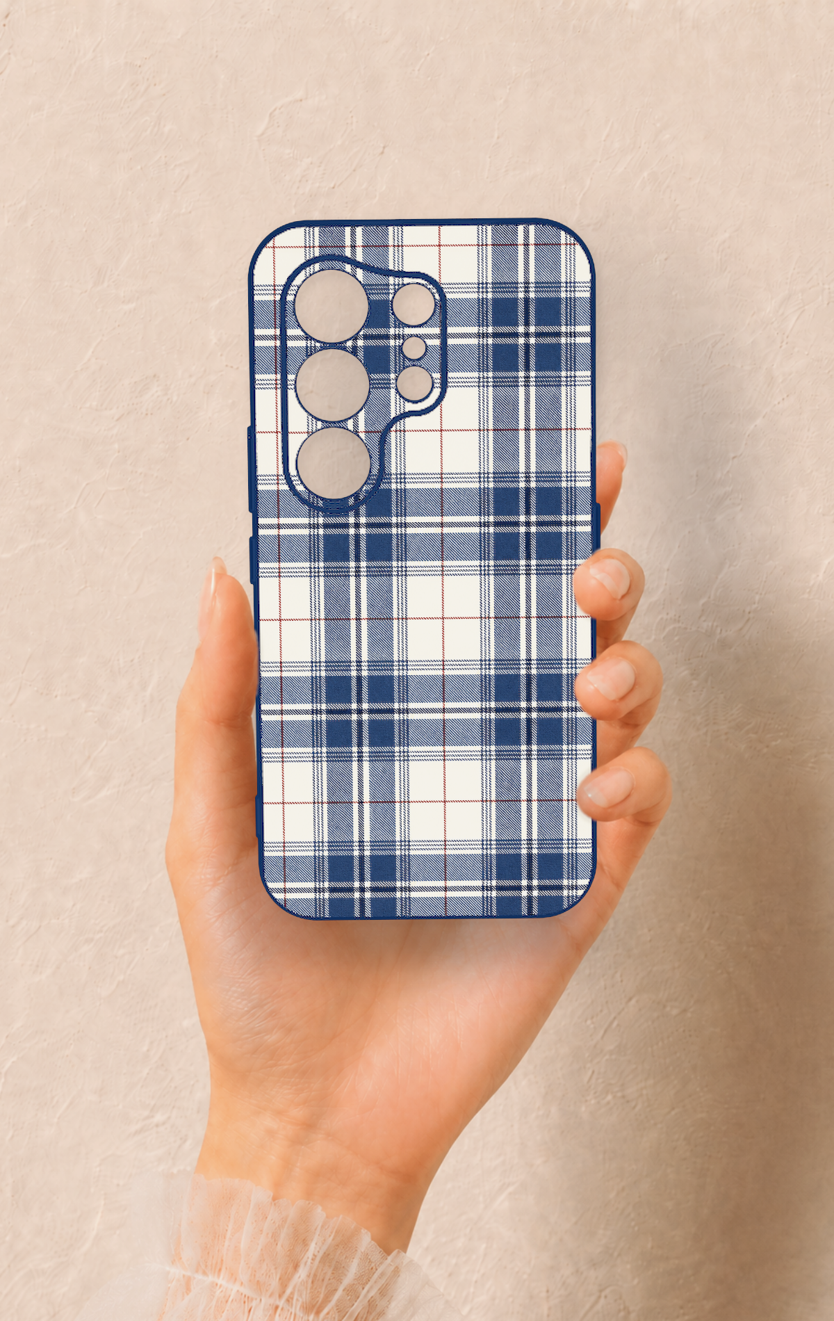 Tecno Camon 50 4G Uyumlu Bej Lacivert Ekose Desenli Silikon Kılıf