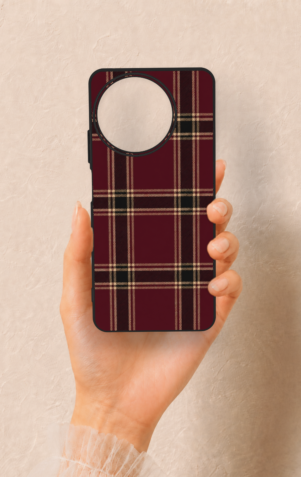 Realme 11 Uyumlu Bordo Siyah Ekose Desenli Silikon Kılıf