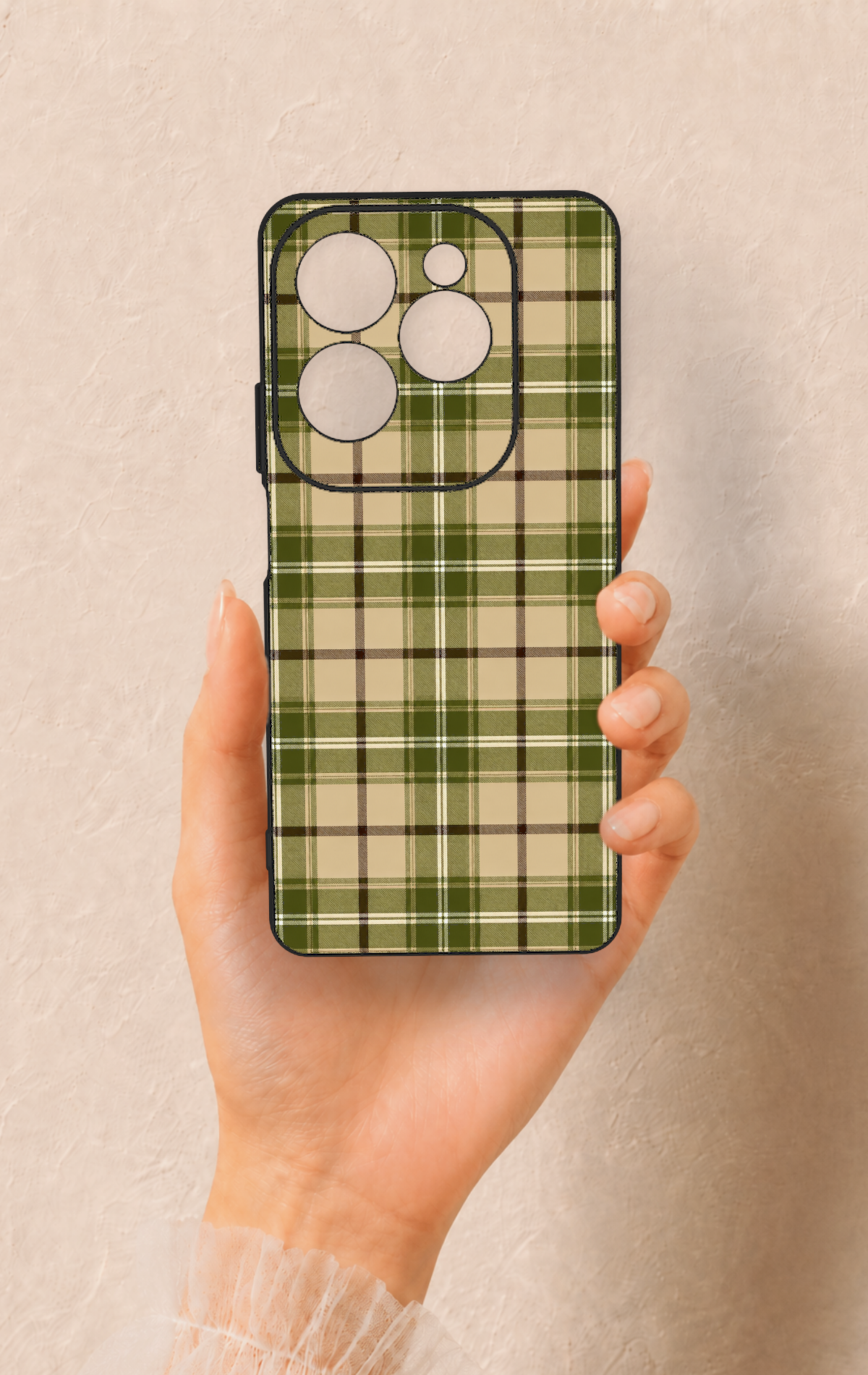 İnfinix Hot 40 Pro Uyumlu Zeytin Yeşili Ekose Desenli Silikon Kılıf