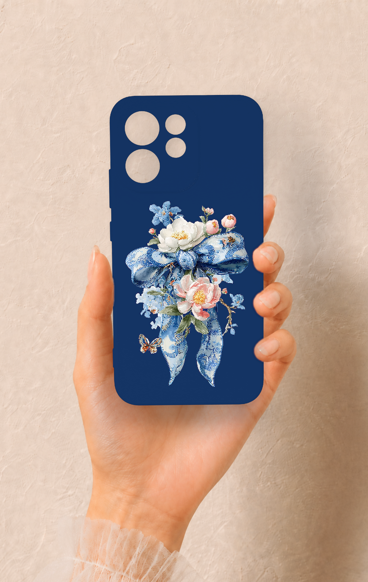 Oppo Reno 15F Uyumlu Mavi Kurdeleli Çiçek Desenli Silikon Kılıf