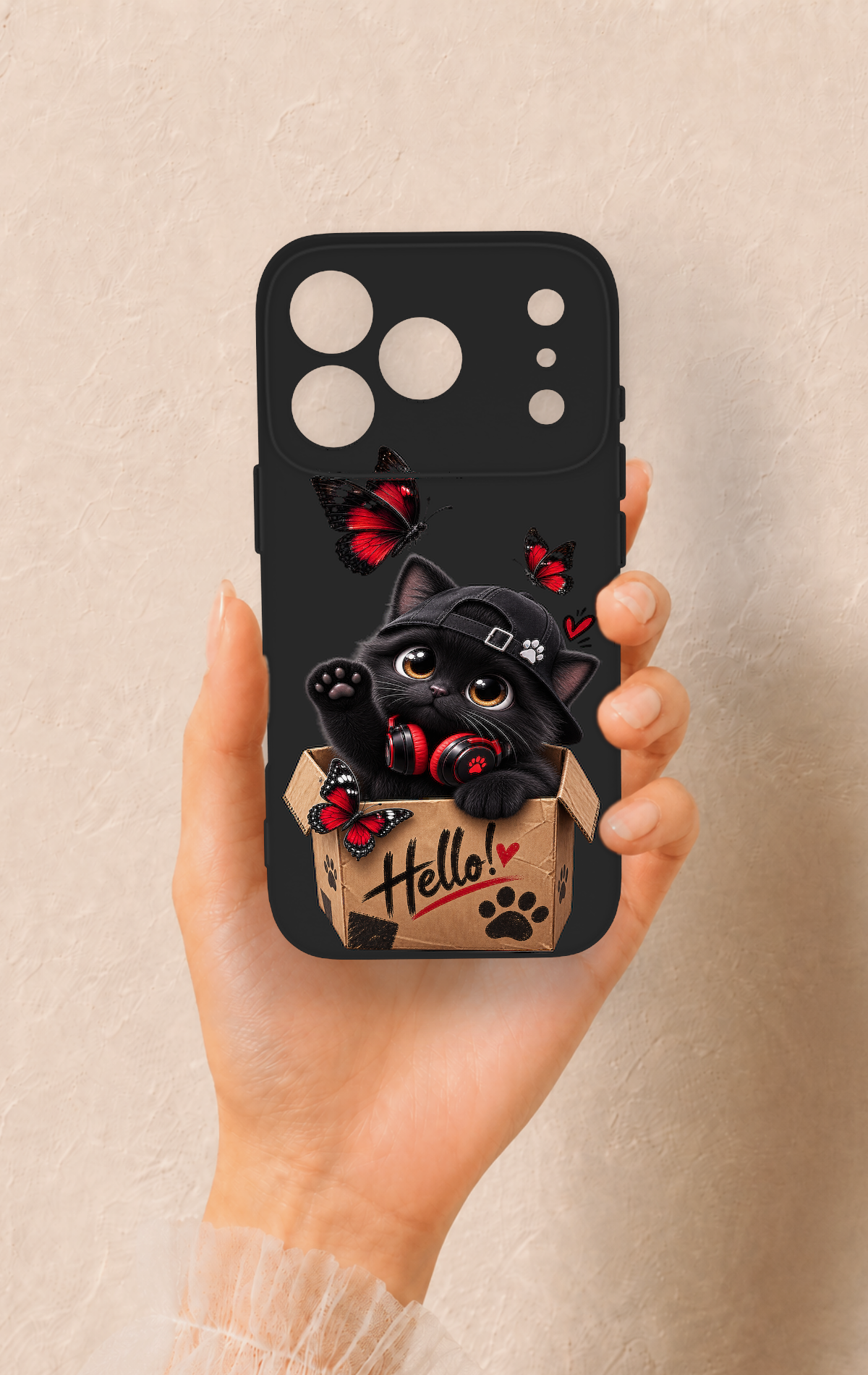 iPhone 17 Pro Uyumlu Hello Cat Desenli Silikon Kılıf