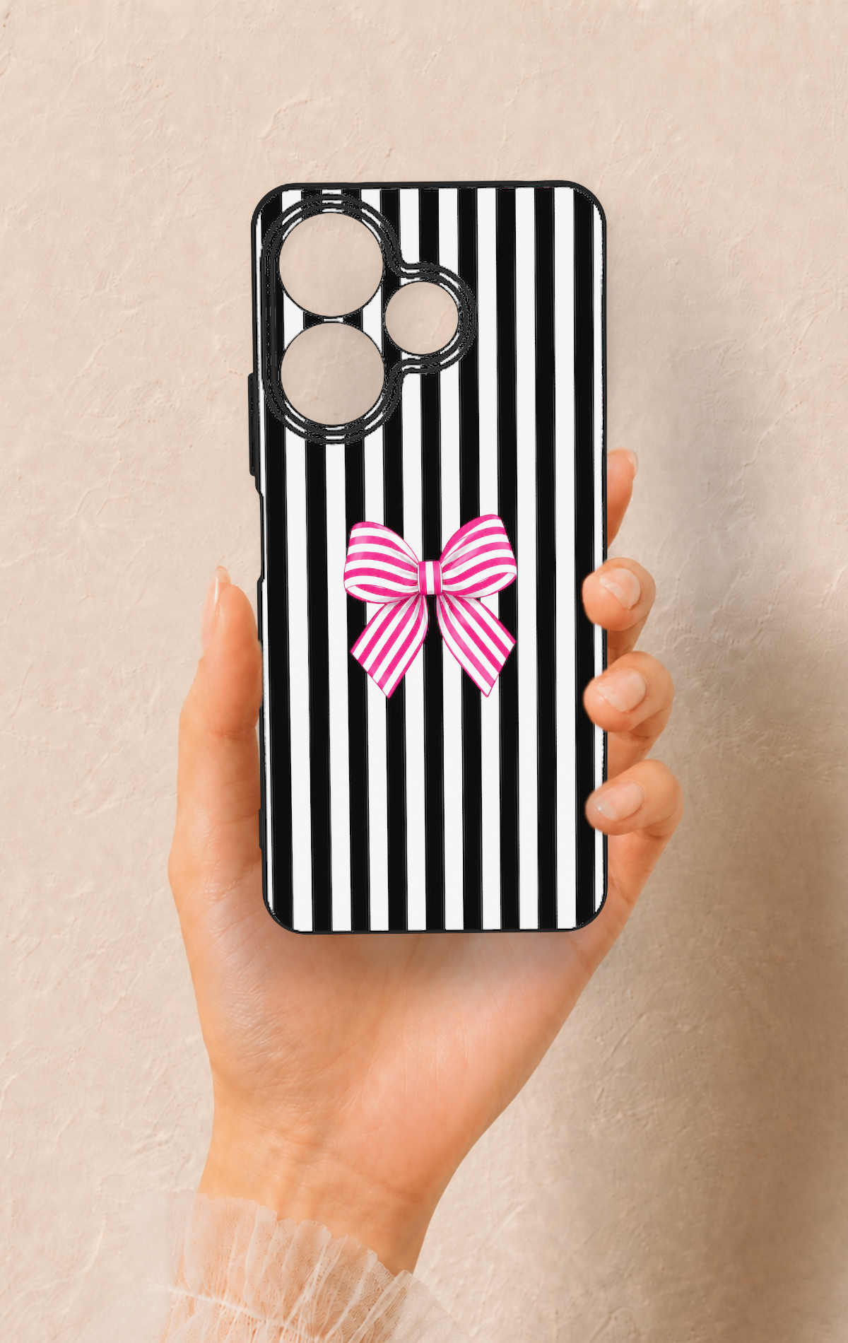 Redmi 13 4G Uyumlu Pembe Beyaz Kurdele Desenli Silikon Kılıf