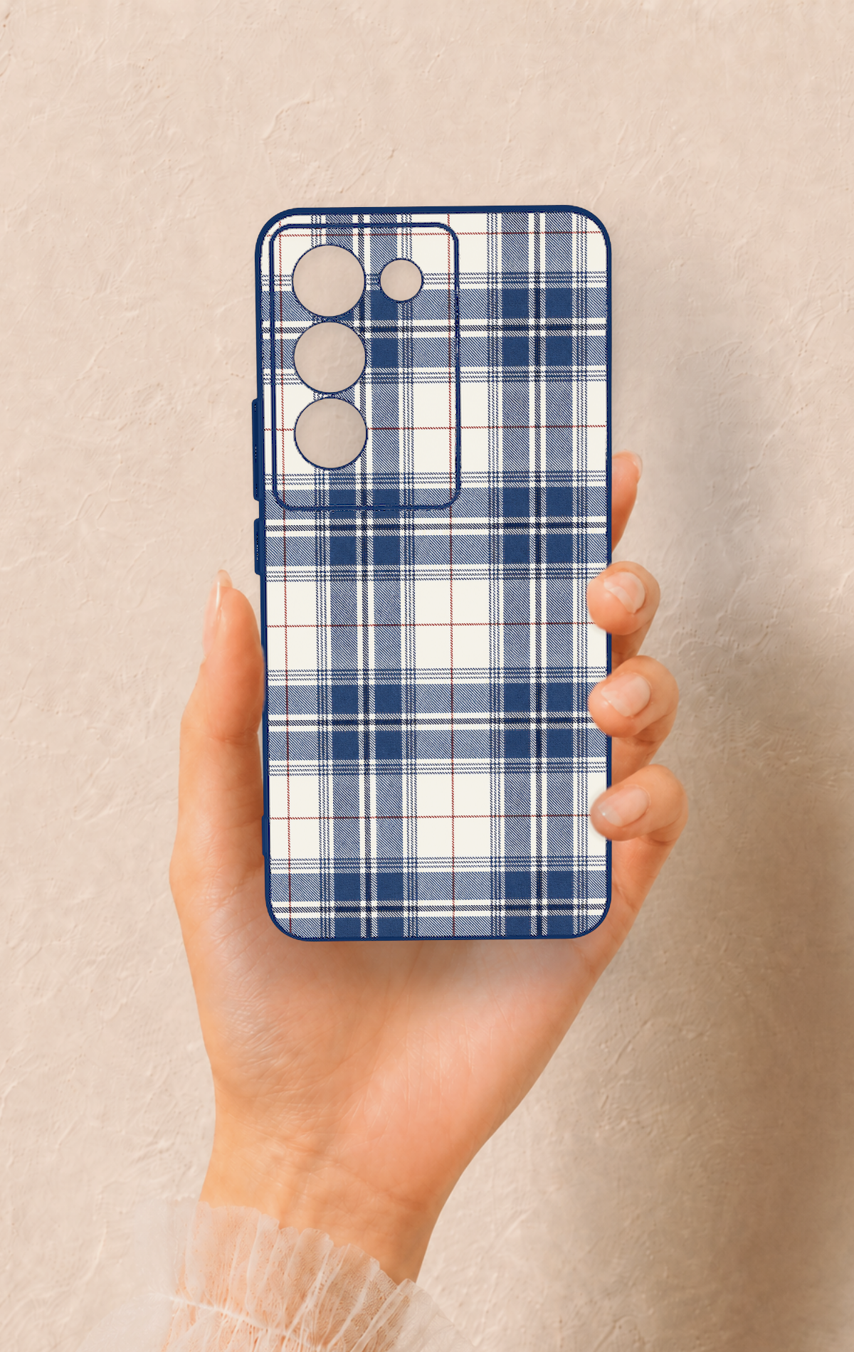 Vivo V30 Lite Uyumlu Bej Lacivert Ekose Desenli Silikon Kılıf