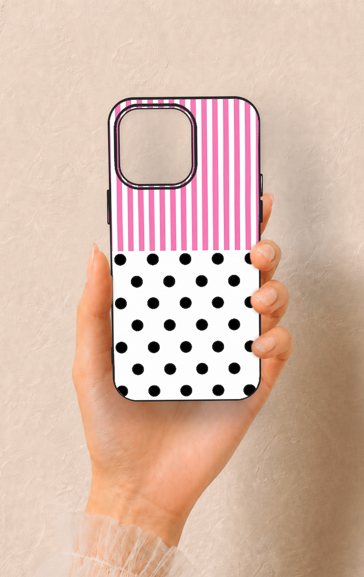 iPhone 15 Pro Max Uyumlu Pembe Çizgili Puantiye Desenli Silikon Kılıf