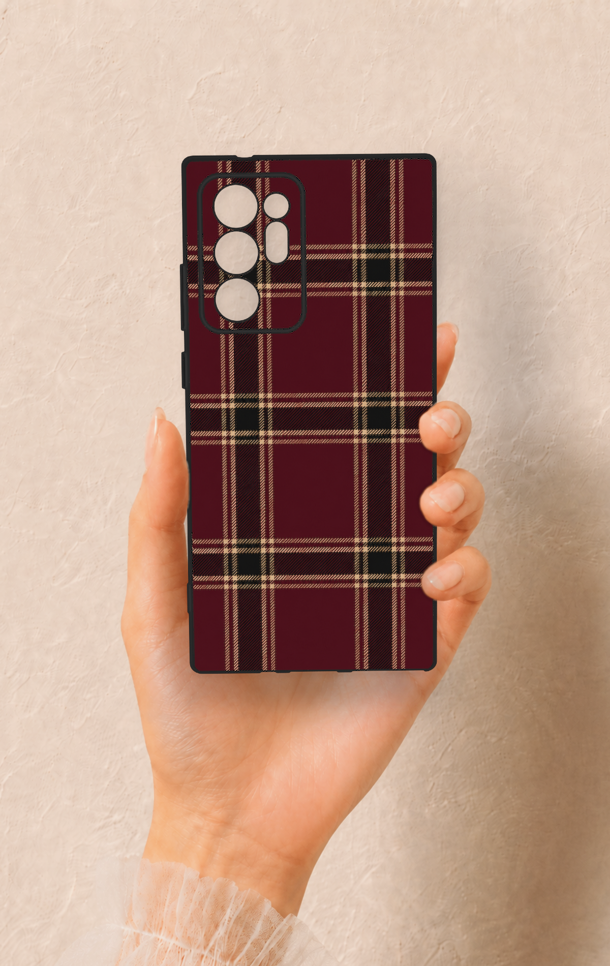 Samsung Note 20 Ultra Uyumlu Bordo Siyah Ekose Desenli Silikon Kılıf