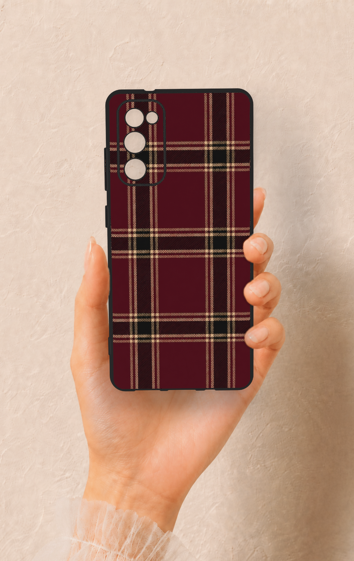 Samsung S20Fe Uyumlu Bordo Siyah Ekose Desenli Silikon Kılıf