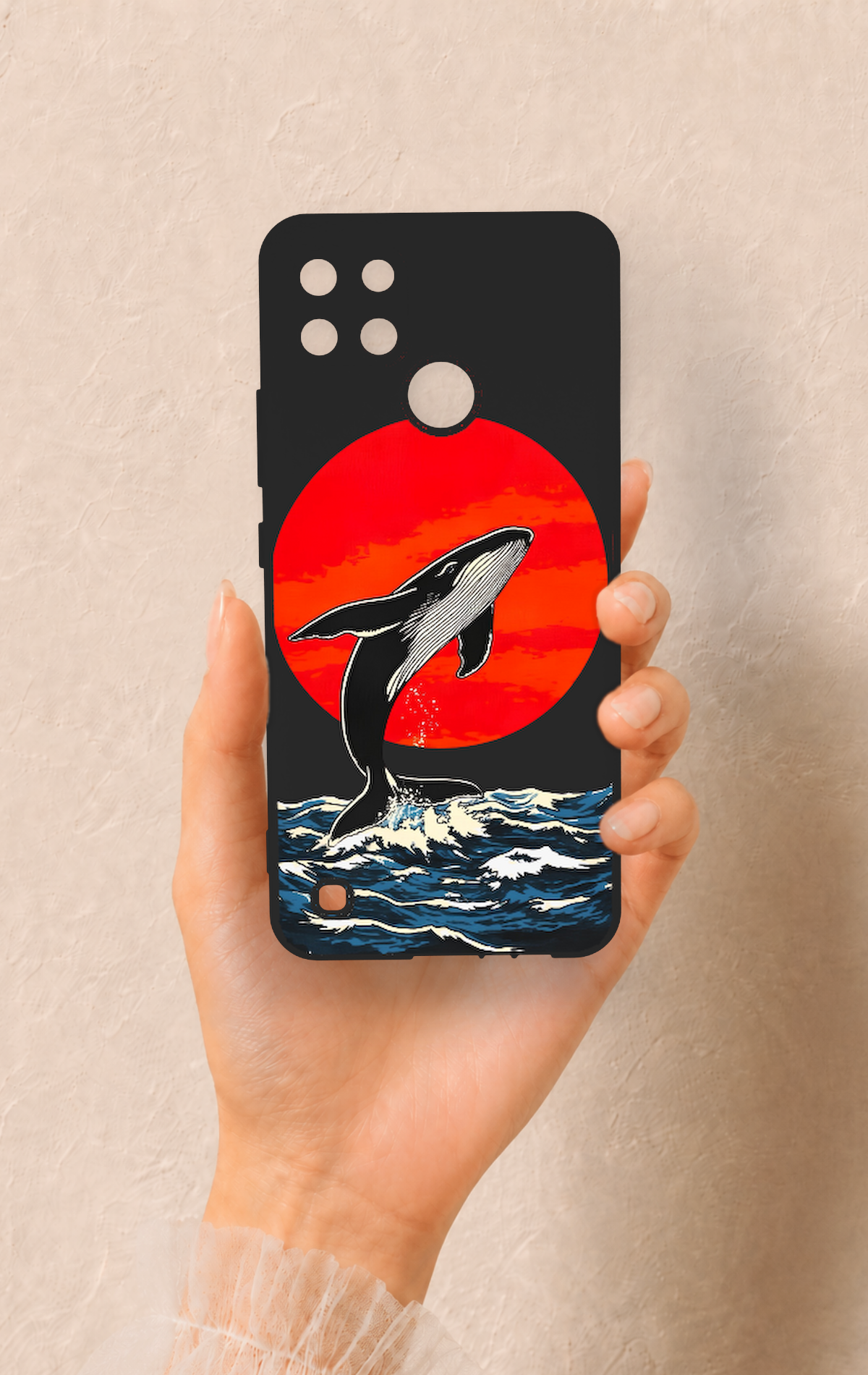 Realme C21Y Uyumlu Kırmızı Güneş Balina Desenli Silikon Kılıf