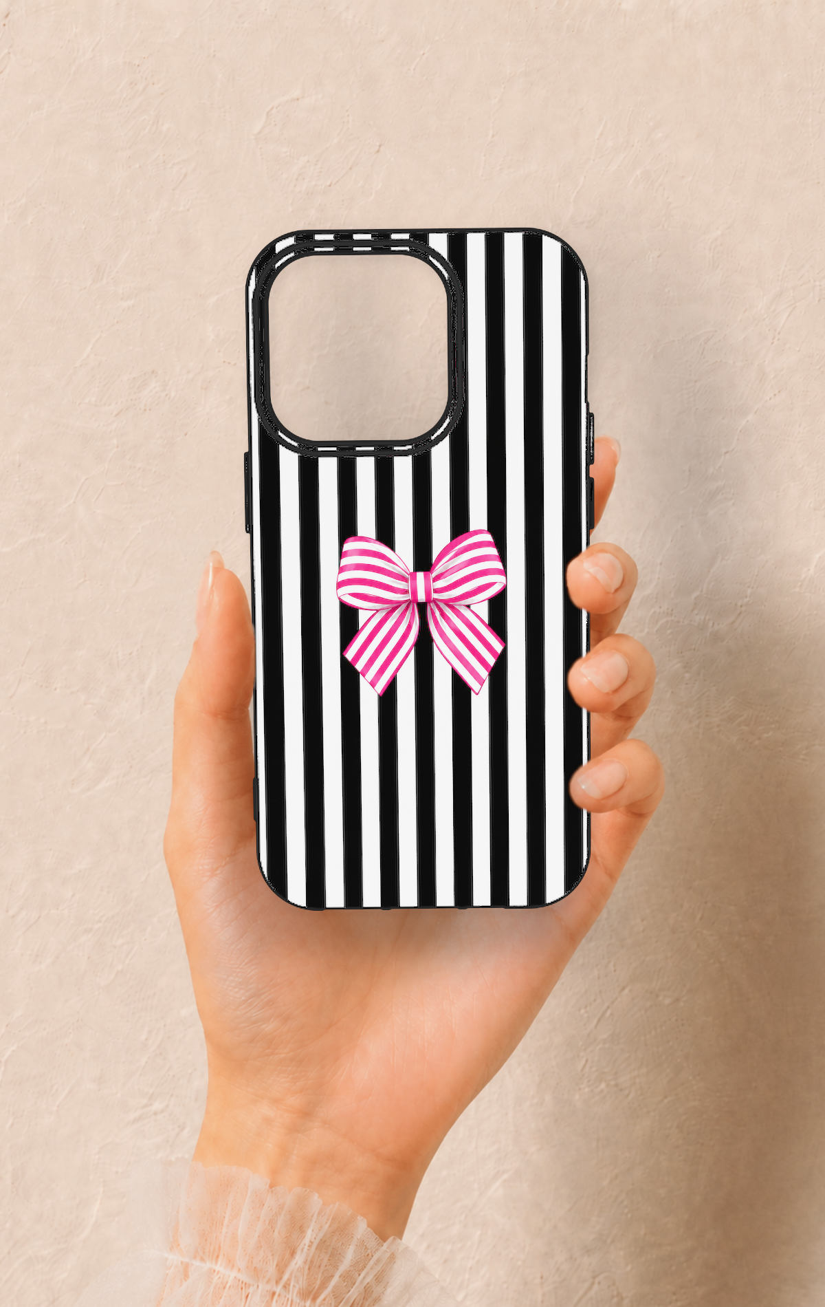 iPhone 14 Pro Uyumlu Pembe Beyaz Kurdele Desenli Silikon Kılıf