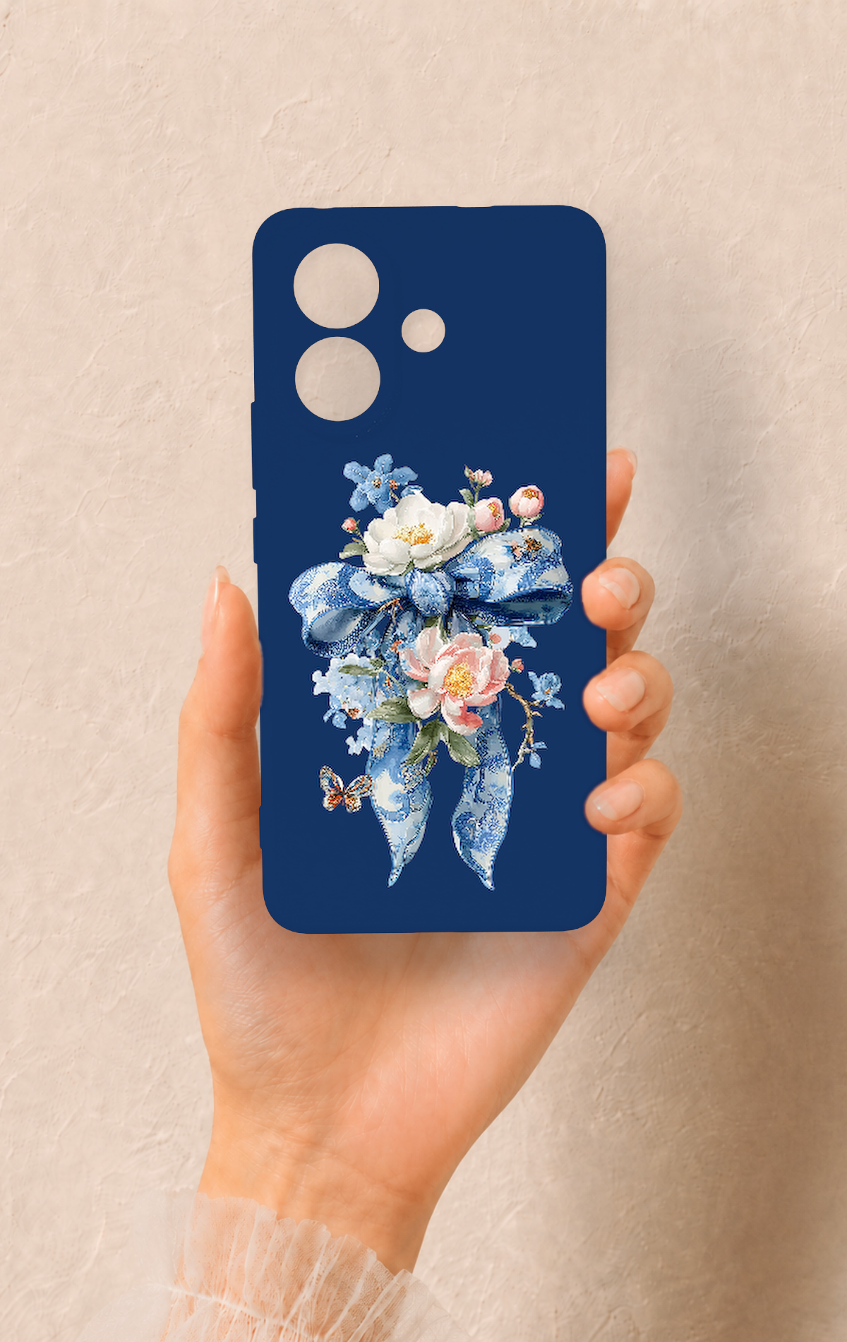 Vivo V60 Lite Uyumlu Mavi Kurdeleli Çiçek Desenli Silikon Kılıf