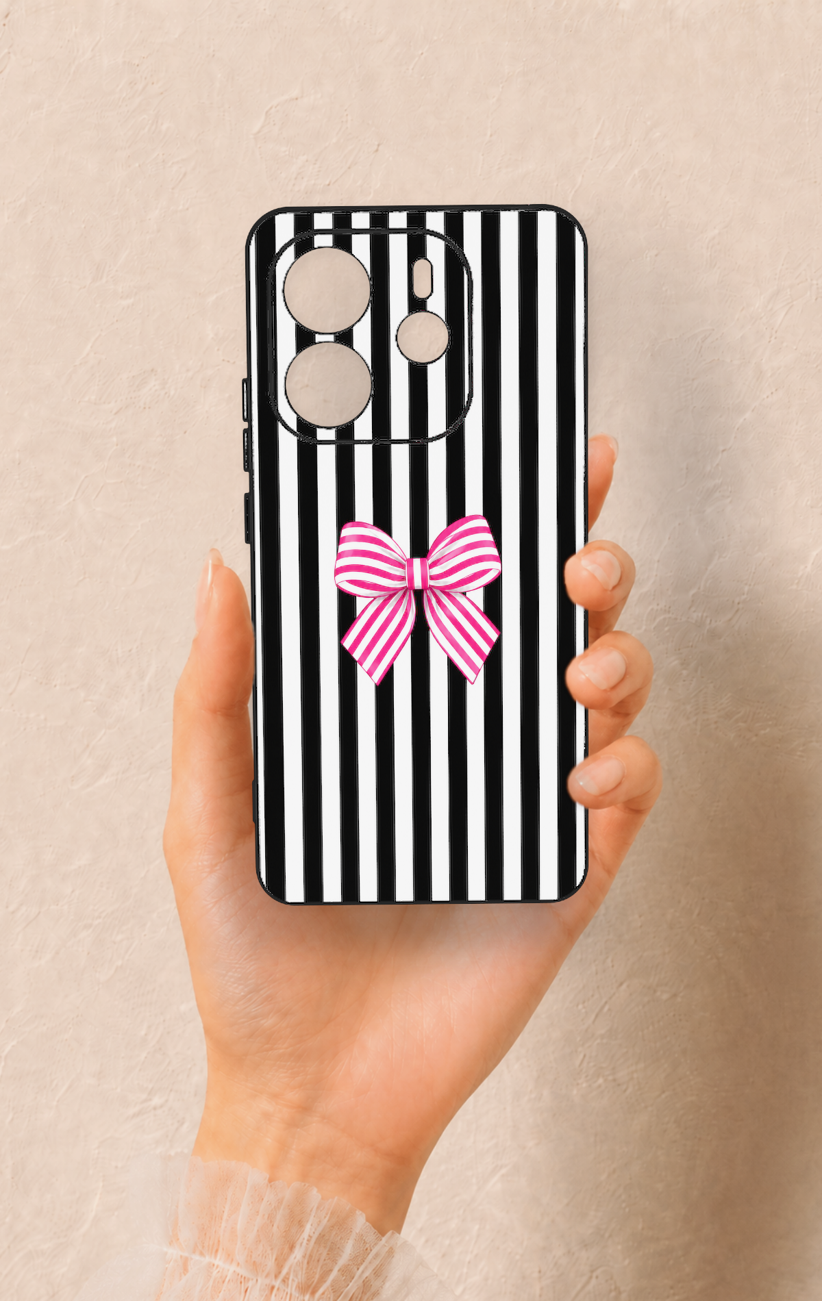 Redmi Note 14 4G Uyumlu Pembe Beyaz Kurdele Desenli Silikon Kılıf
